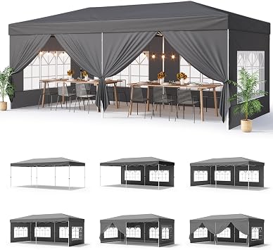 Bealife 10x20 Pop-Up Canopy Tent with 6 Removable Sidewalls, One Push Party Tent Outdoor Waterproof Canopy for Parties Commercial Wedding, 3-Height Adjustable Easy Set Up Gazebo, Carry Bag, Grey