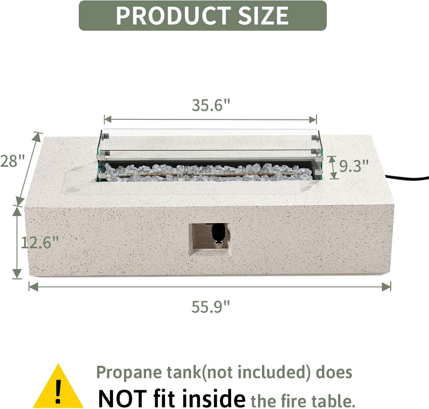 COSIEST Outdoor Propane Fire Pit Table, 56" x 28" Rectangle Terrazzo White Concrete-Like Finish, Certified, 50,000 BTU Stainless Steel Burner w Transparent Gray Fire Glass, Wind Guard, Raincover