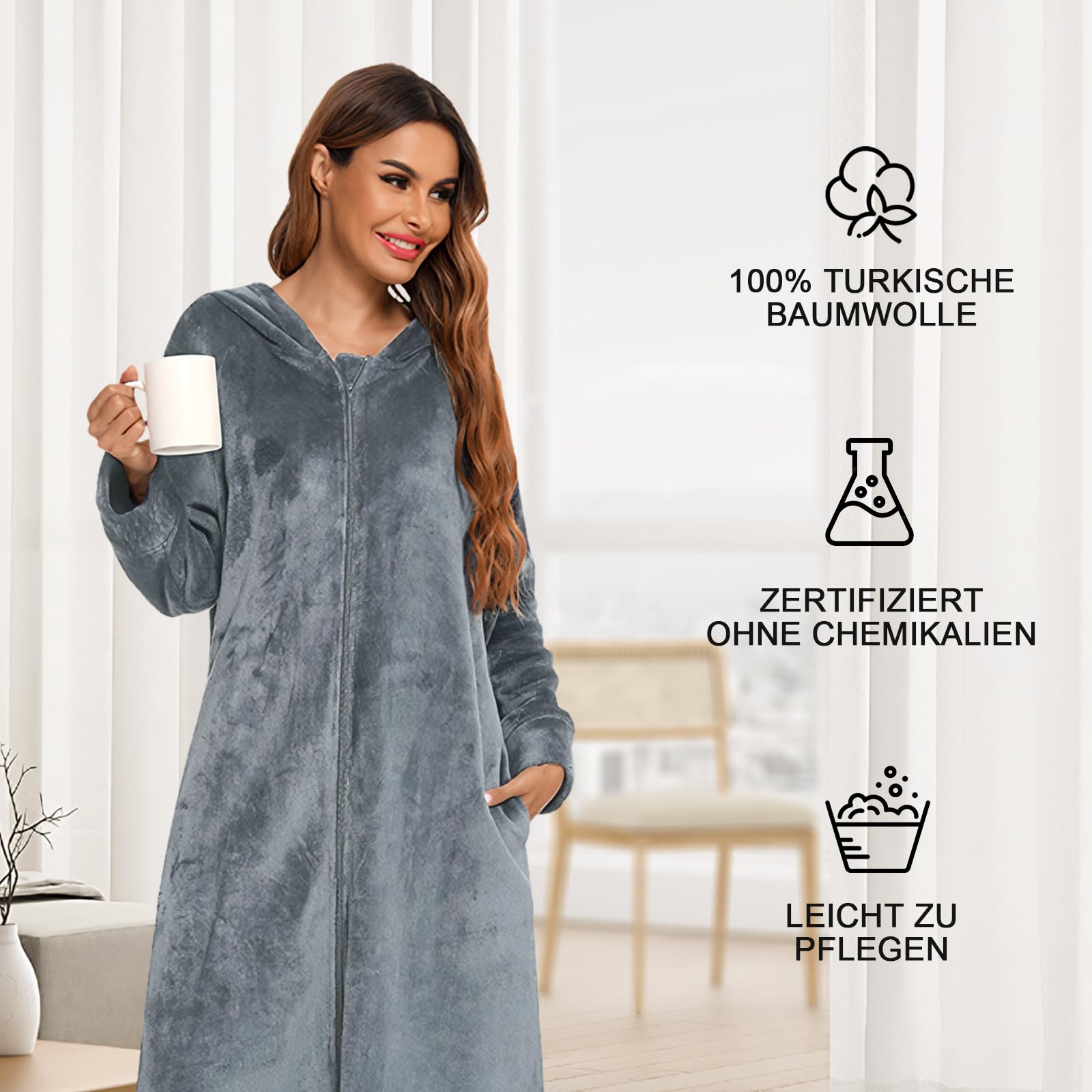 rge Accappatoio uomo donna accappatoio con zip e cappuccio accappatoio lungo tasche frontali accappatoio flanella