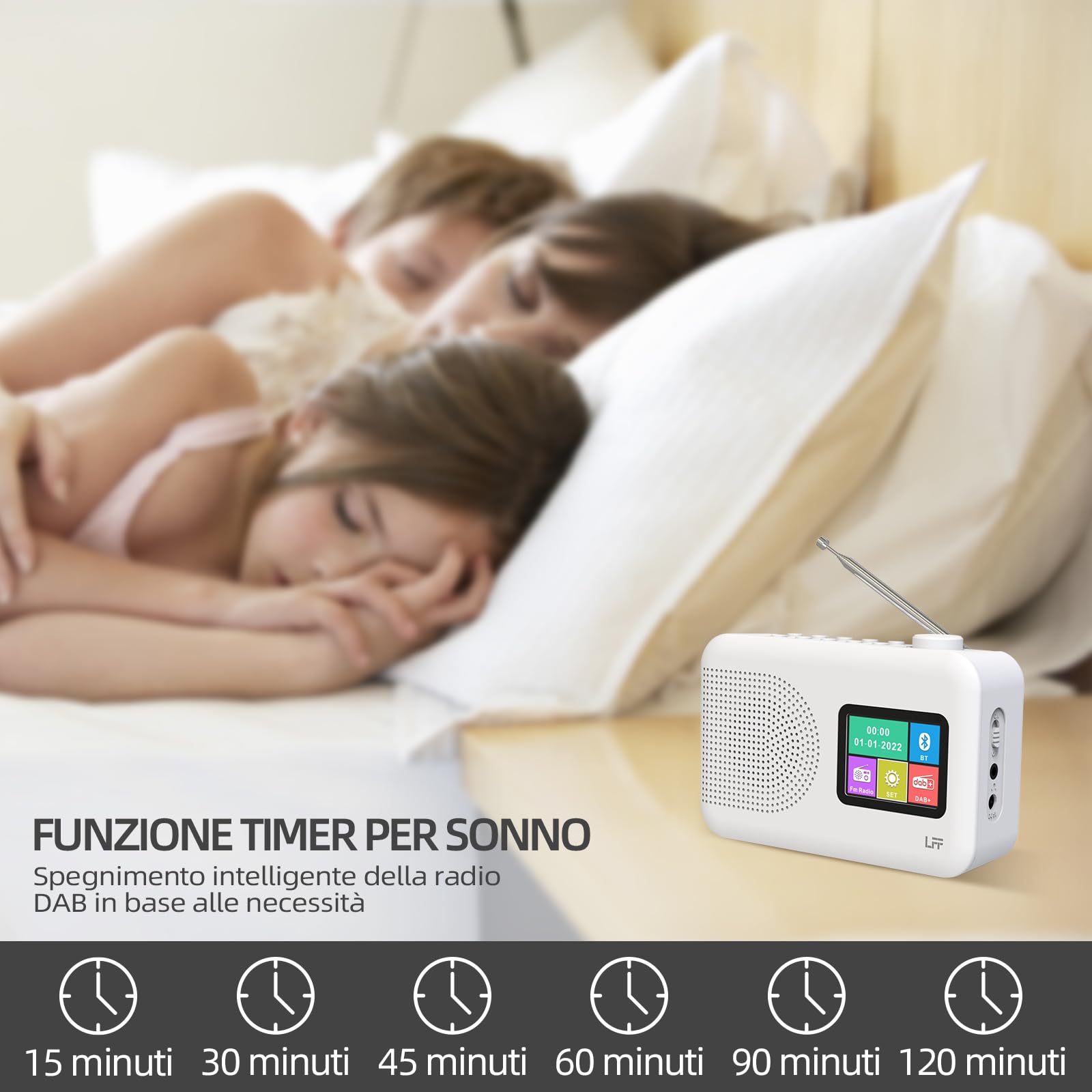 LFF DAB Radio, DAB Plus, radio digitale FM, radio da cucina con cavo o funzionamento a batteria, display a colori radio con Bluetooth