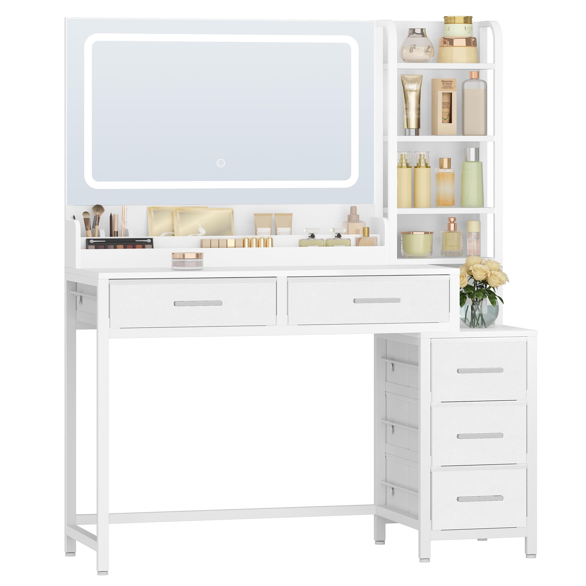 HEXCELEN 110 cm Coiffeuse avec Miroir, Blanc | Table de Maquillage avec Éclairage LED, Luminosité Réglable, 3 Couleurs, 5 Tiroirs et 5 Compartiments Ouverts
