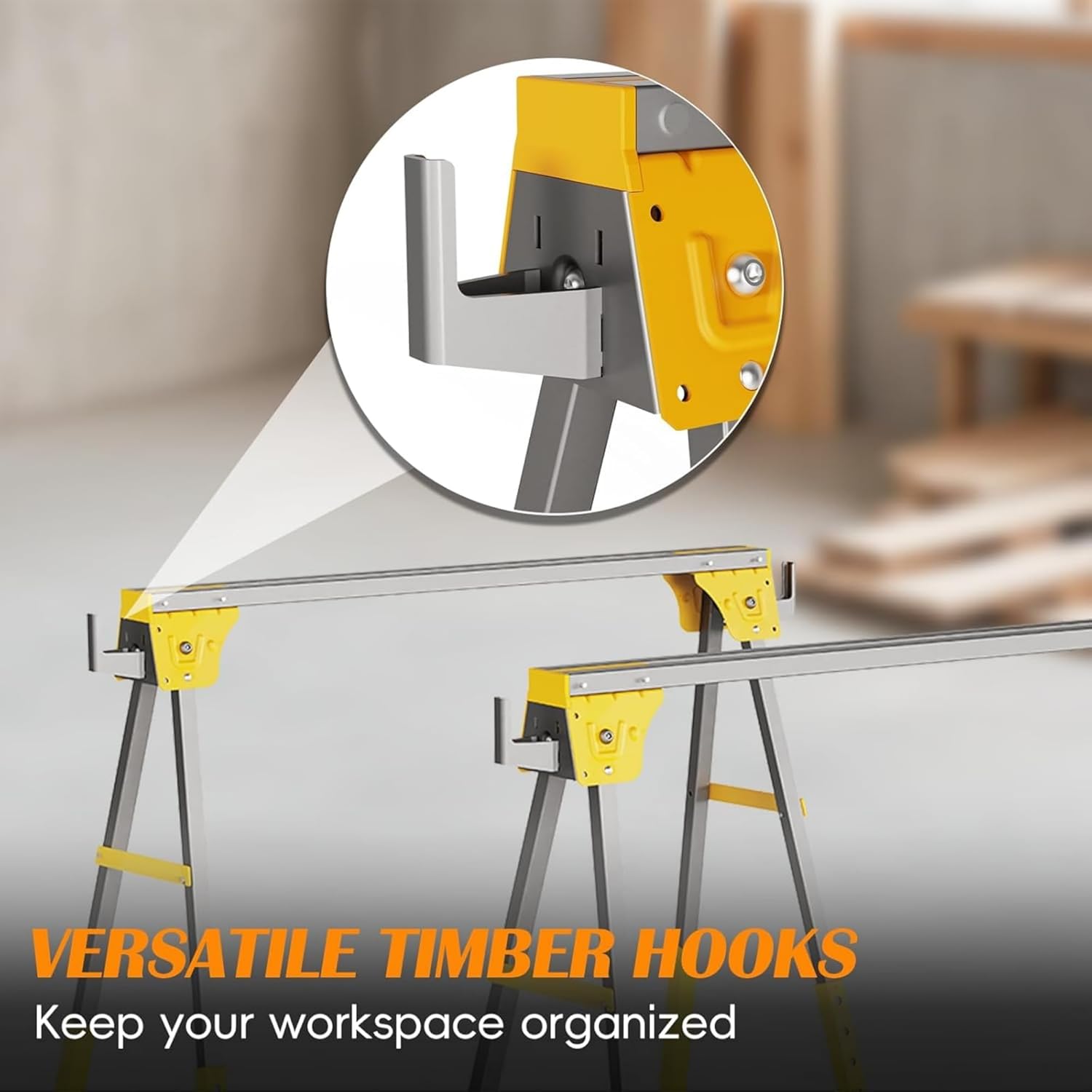 Adjustable Height Sawhorse 2 Pack, Folding Portable Saw Horses with 30-34 inch Adjustable Legs, Heavy Duty Steel Pro Bench Saw Horse for Woodworking, Carpenters, Contractors, Fully Assembled (yellow)