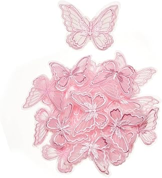 30 PCS Pink Double Layers Butterfly Lace Patches, Organza Butterfly Lace Fabric Sewing Embroidery Applique, Butterflies Repair Patch for Clothing Wedding Bride Dress Curtain
