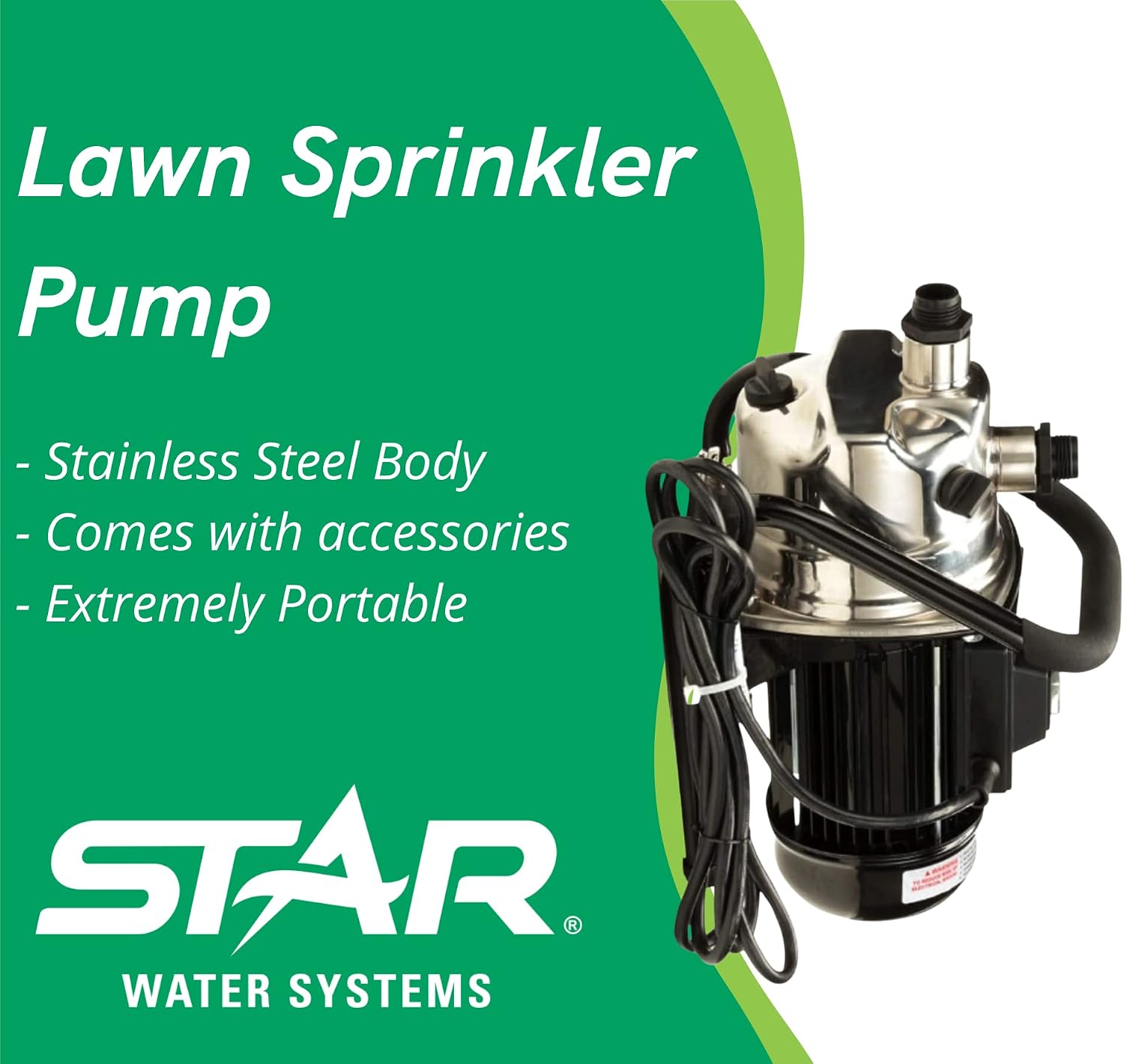 Star HSPJ100 1 HP Portable Lawn Sprinkler Irrigation Pump, Easy On/Off Switch, Stainless Steel Garden Sprinkling Water Transfer Pump, 13 GPM