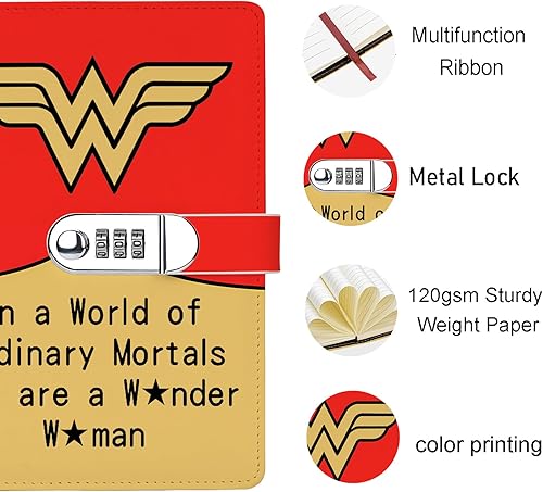 Miniatura 3 de ZWYQWN Regalo inspirado en la Mujer Maravilla, cuaderno de bloqueo de combinación de cuero de superhéroe para mujeres y niñas, amantes de las