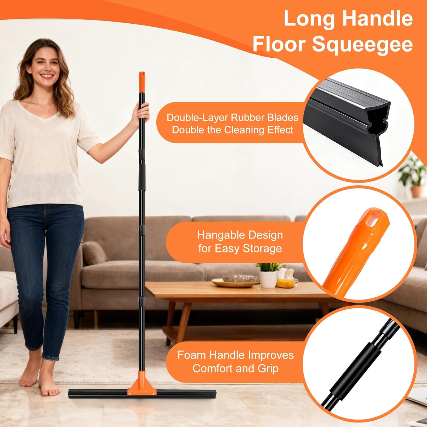 Heavy Duty Floor Squeee with Long Handle, Rubber Wiper Broom for