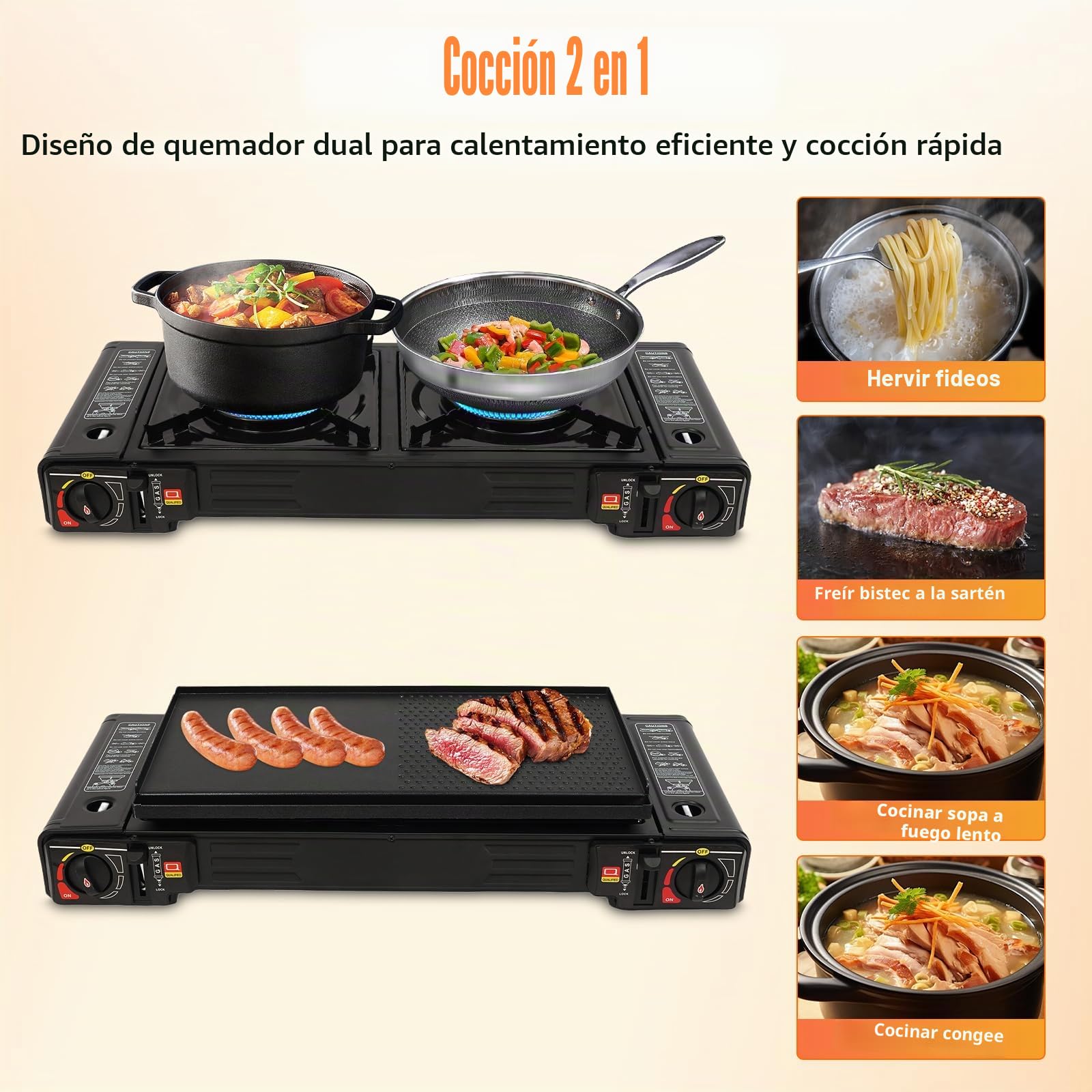 Hornillo de camping portátil de 2 quemadores de butano para exteriores, con placa para barbacoa, para picnic