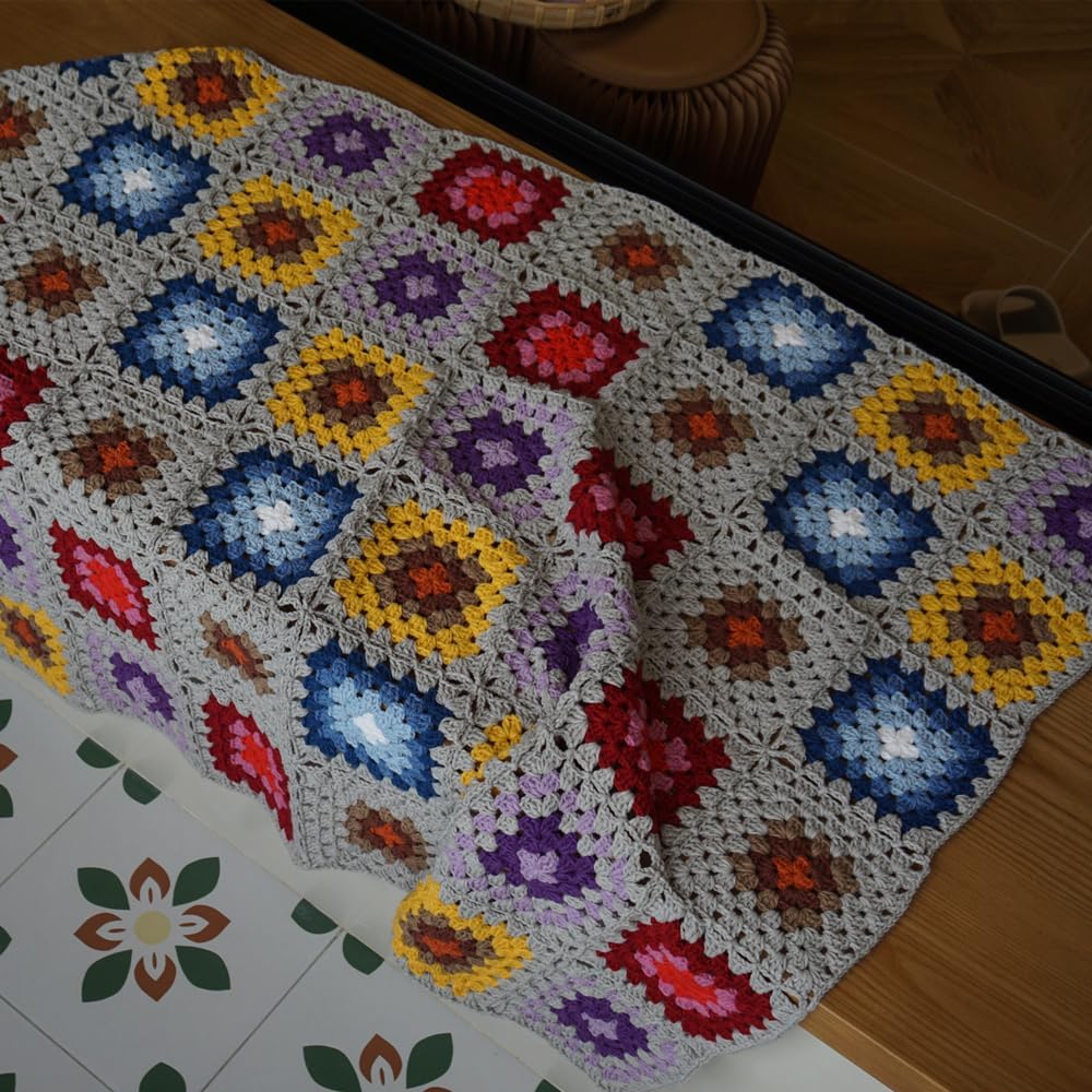 handmade crochet throw blanket granny square style year round gift indoor outdoor travel accent throw for sofa comforter couch bed recliner living room bedroom decor 49" x35" (grey)
