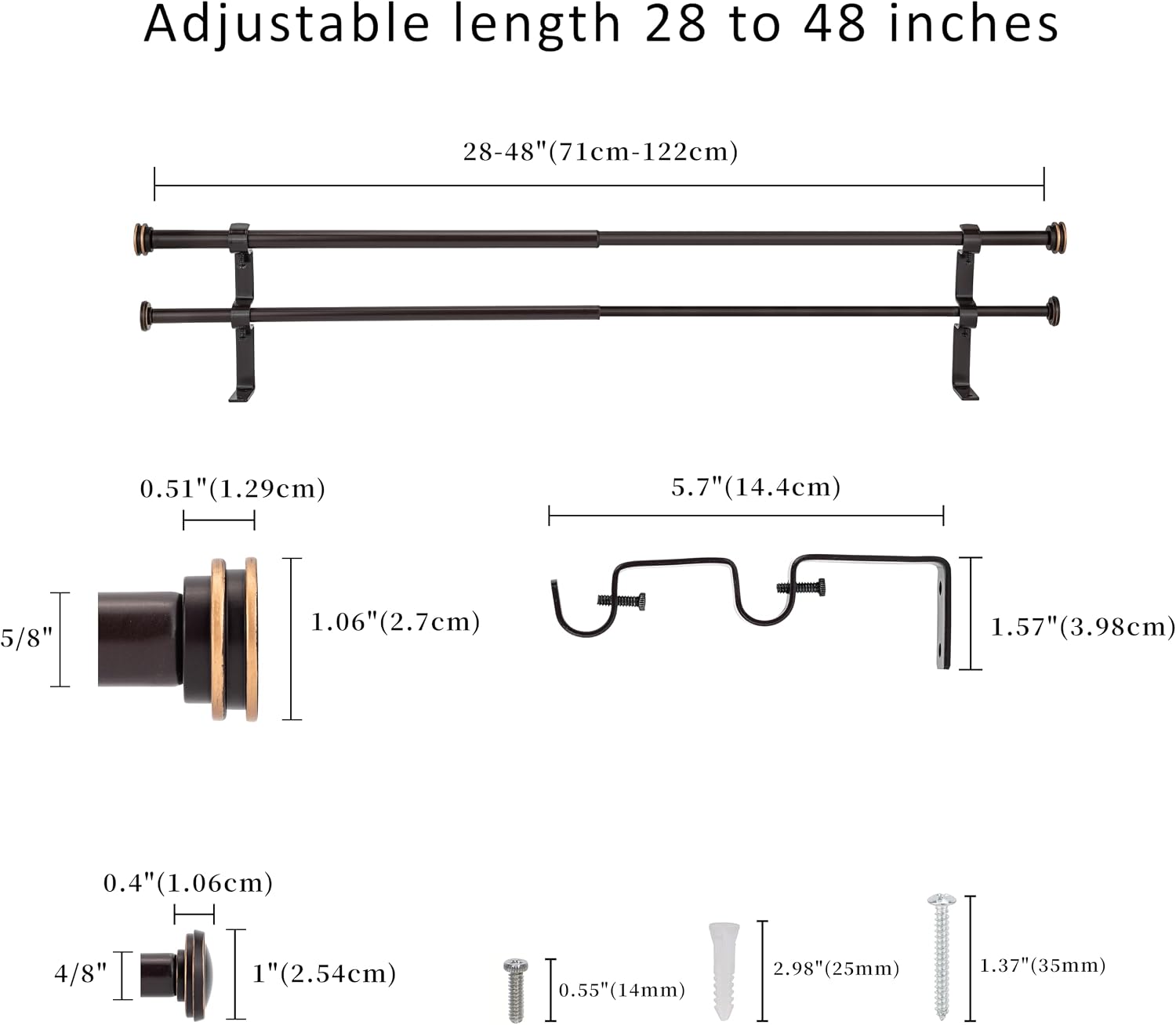 5/8" Double Curtain Rod with Nerveux Finials,Bronze Gold,28‘’-48‘’