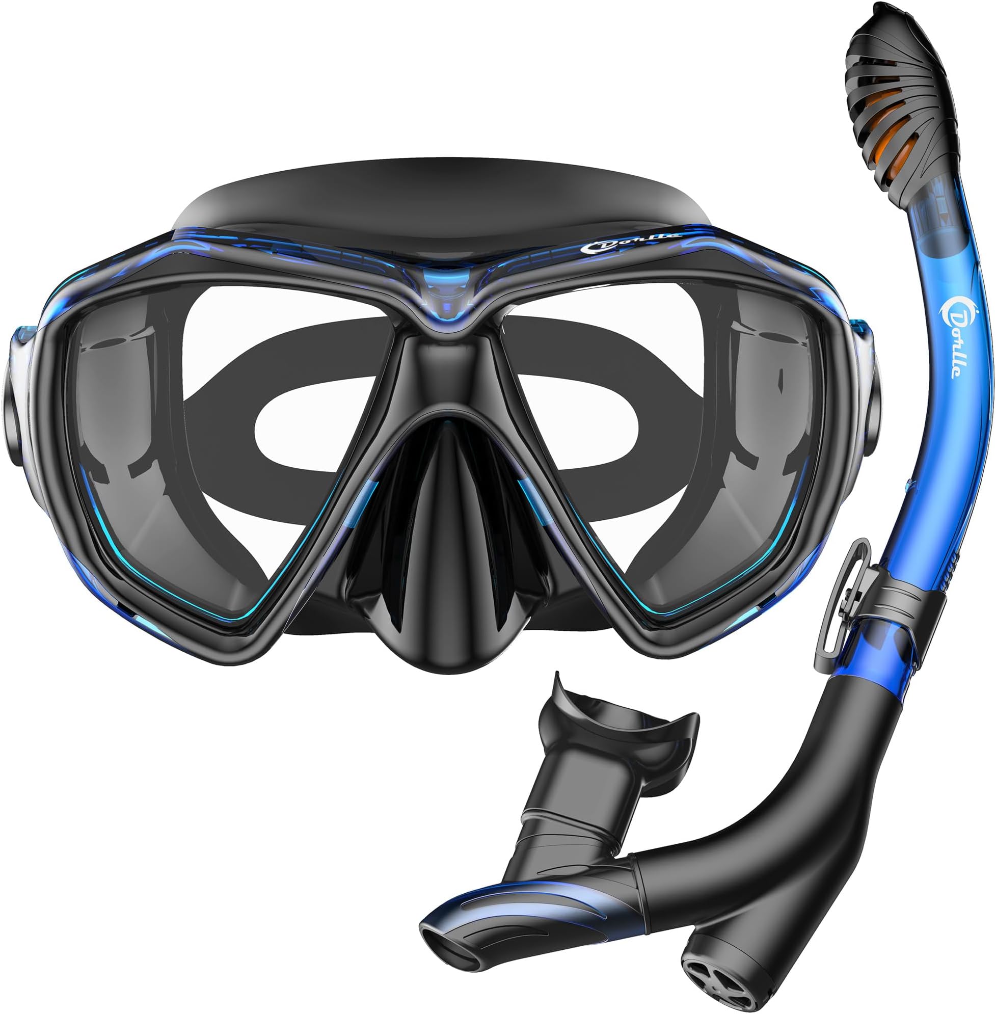 Snorkel Set Anti-Fog Snorkeling Diving Mask with Upgraded Free Breathing Tubes Anti-Leak Dry Top Snorkel for Adult and Youth Black&Blue