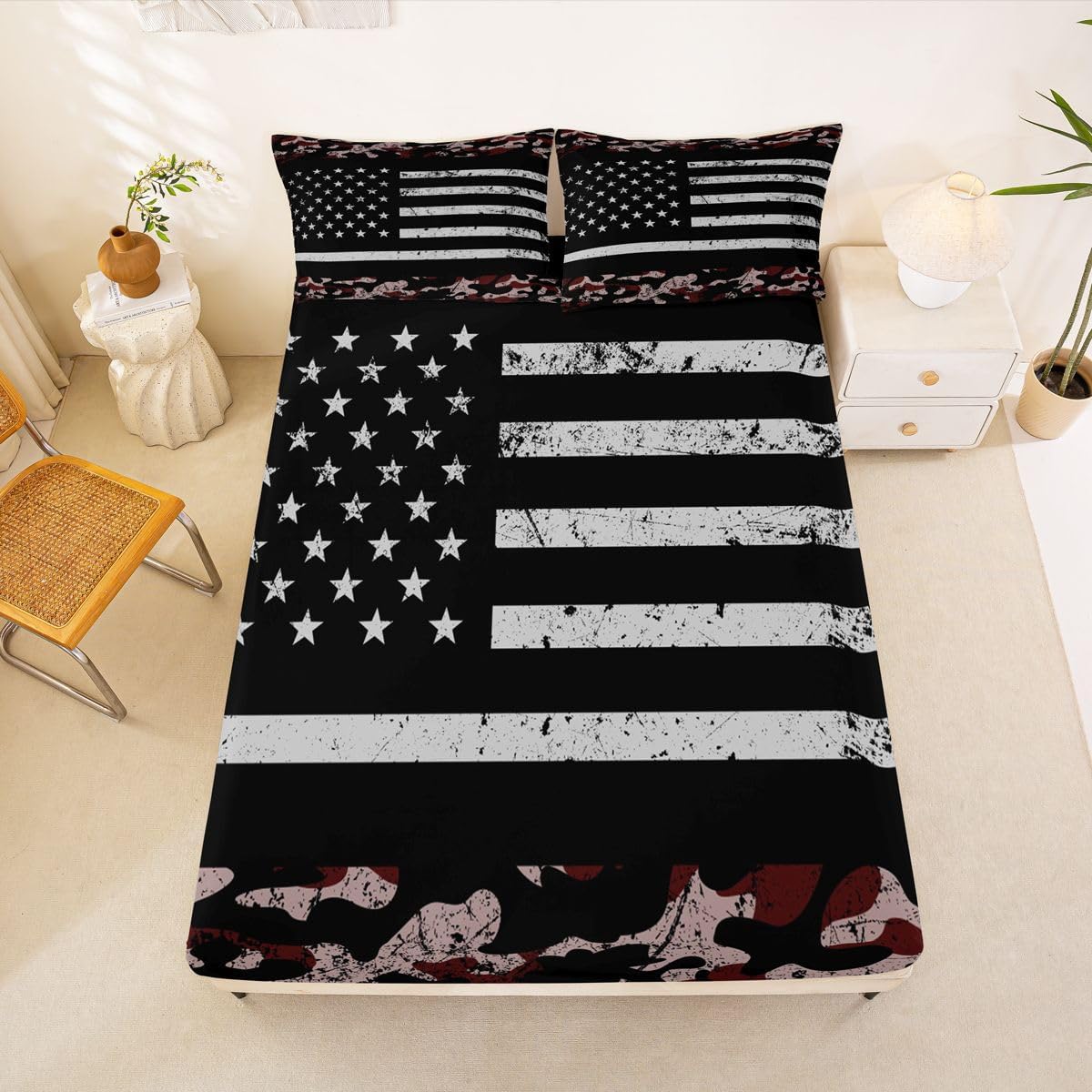 Erosebridal American Flag Full Bed Sheets for Kids Boys Girls Camouflage Red Fitted Sheet, Retro USA Flag Bedding Sets 3 Pieces