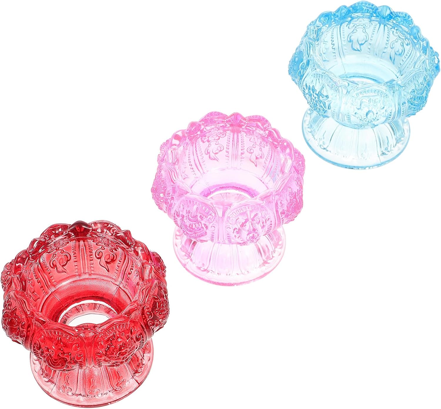 Glass Butter Lamp Candleholder Set High Base Religious Style Glass Candle Holders with Blue Red and Pink Candle Containers for Home Decor and Meditation 3 Pieces