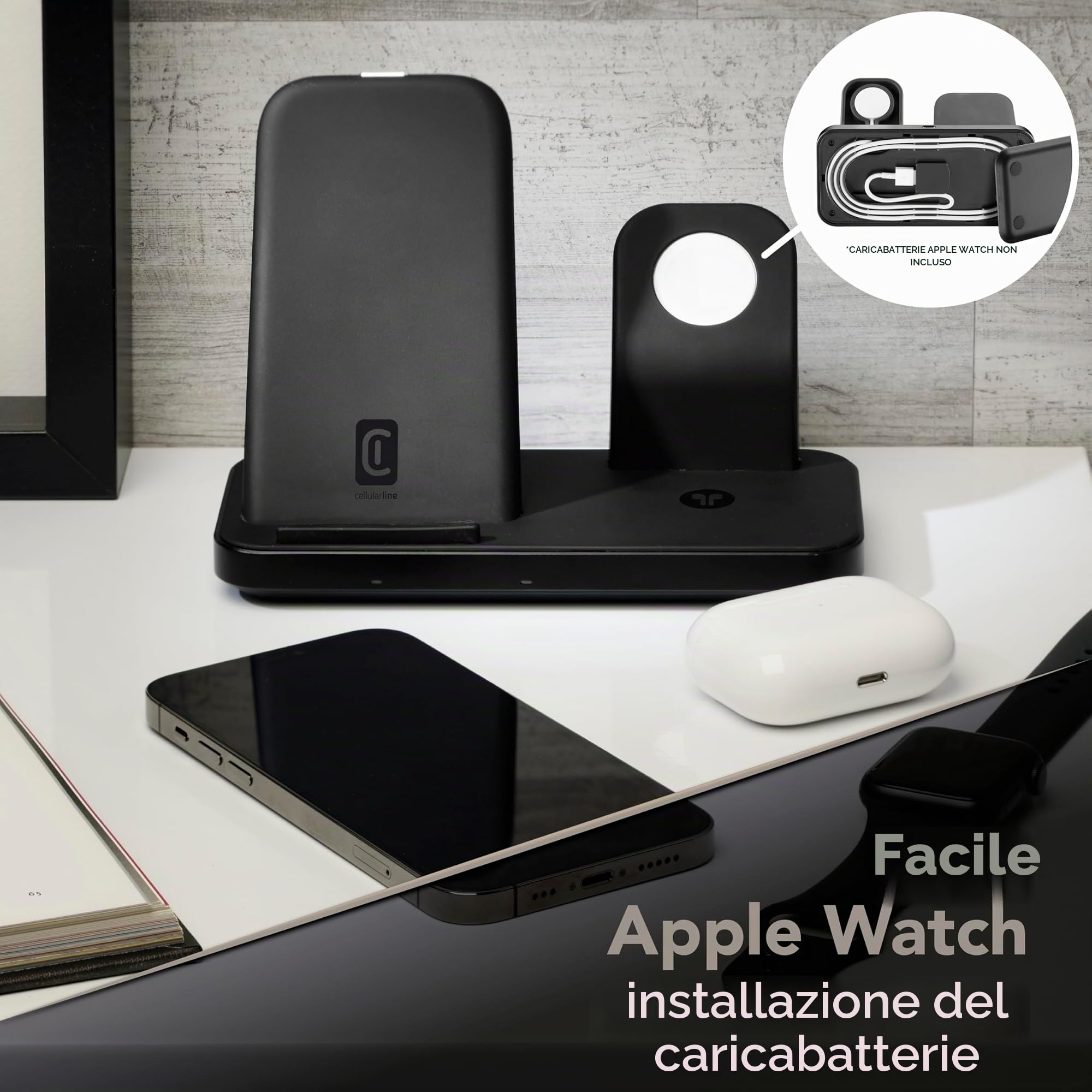 cellularline | TRIO WIRELESS CHARGER | Caricabatterie Wireless 3 in 1 per dispositivi Apple: iPhone, Apple Watch, Airpods, Nero