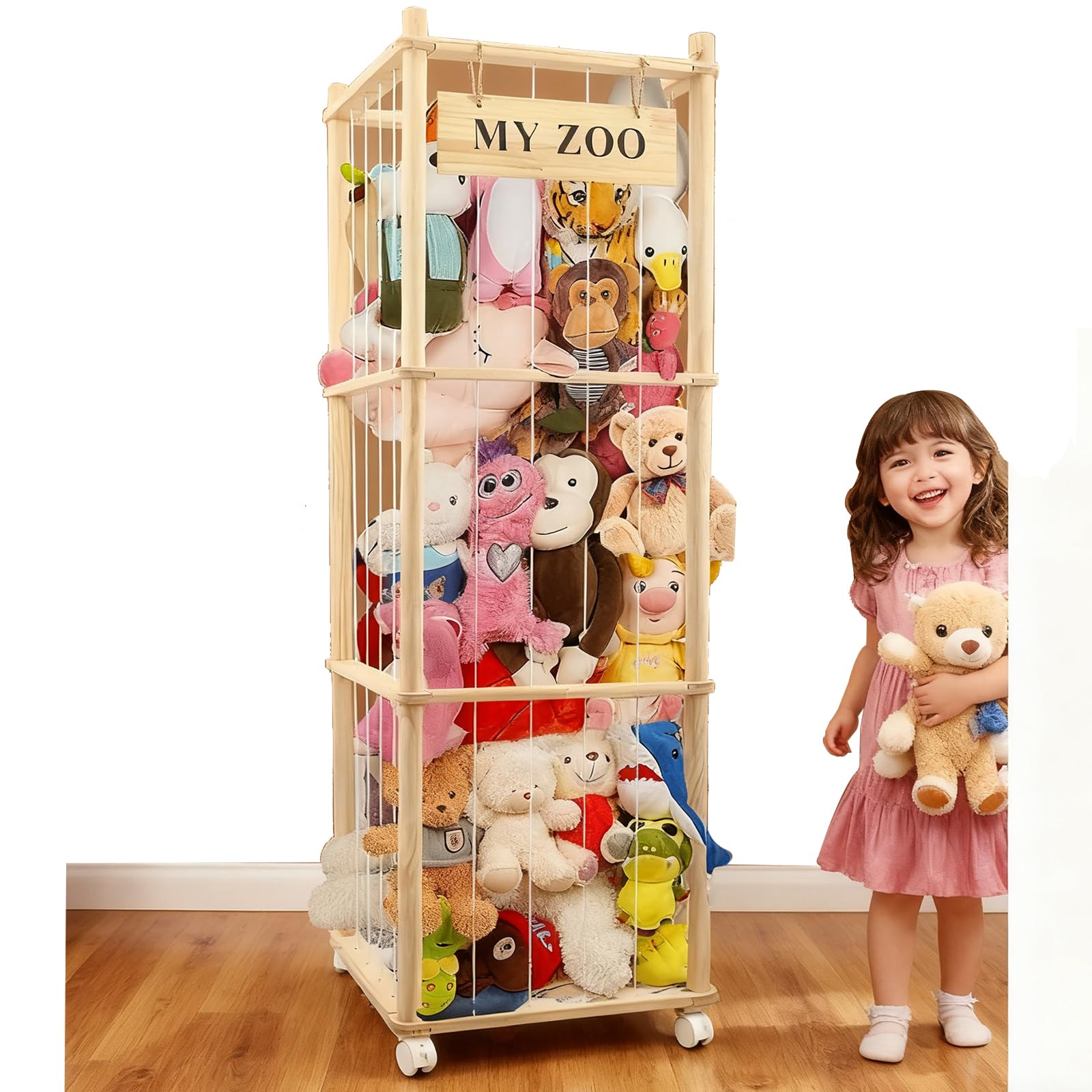 Almacenamiento de peluches de madera, 135 x 40 x 40 cm, con freno de 360°, ruedas equipadas para peluches, peluches, juguetes de peluche, juguete de peluche para habitación de los niños, sala de