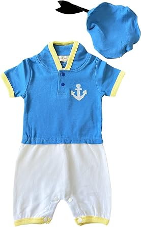 stylesilove Baby Boy Blue Donald Duck Inspired Short Sleeve Cartoon Romper and Hat 2pcs Cotton Outfit
