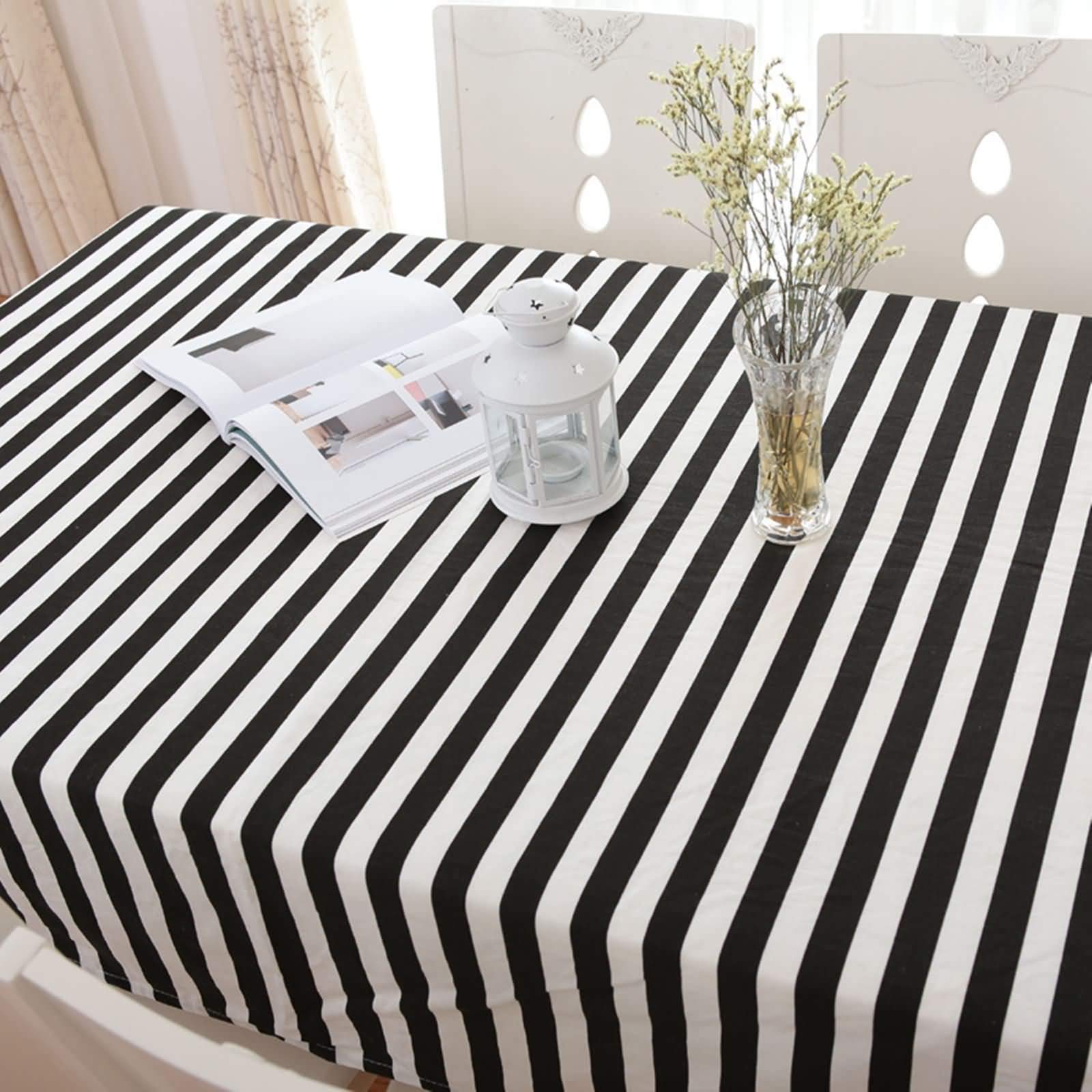 Mantel Mesa Rectangular Negro Blanco, Rayas, de Algodón Lavable, 100 x 160 cm, Mantel para Comedor