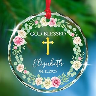 2025 God Blessed Baptized Glass Ornament, Personalized Name & Date Christening Cross Floral Keepsake Gifts for Newborn New Baby, Catholic Baptism Glass Ornament Christmas, Custom Christened Ornaments