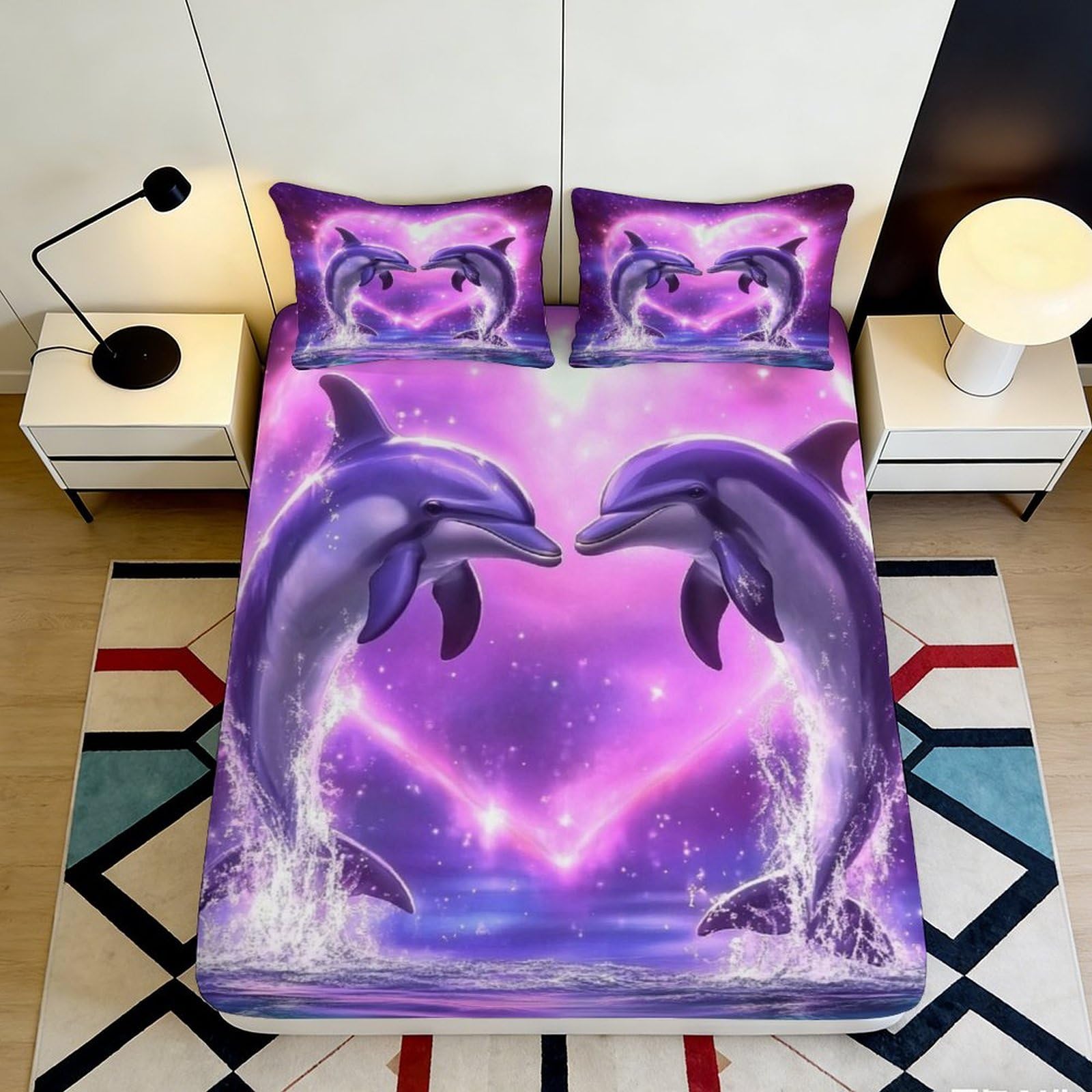 3D Printed Purple Dolphin Heart Fitted Sheet Microfiber Soft Washable Mattress Cover for Bedroom Dorm Decor 200x200x25cm