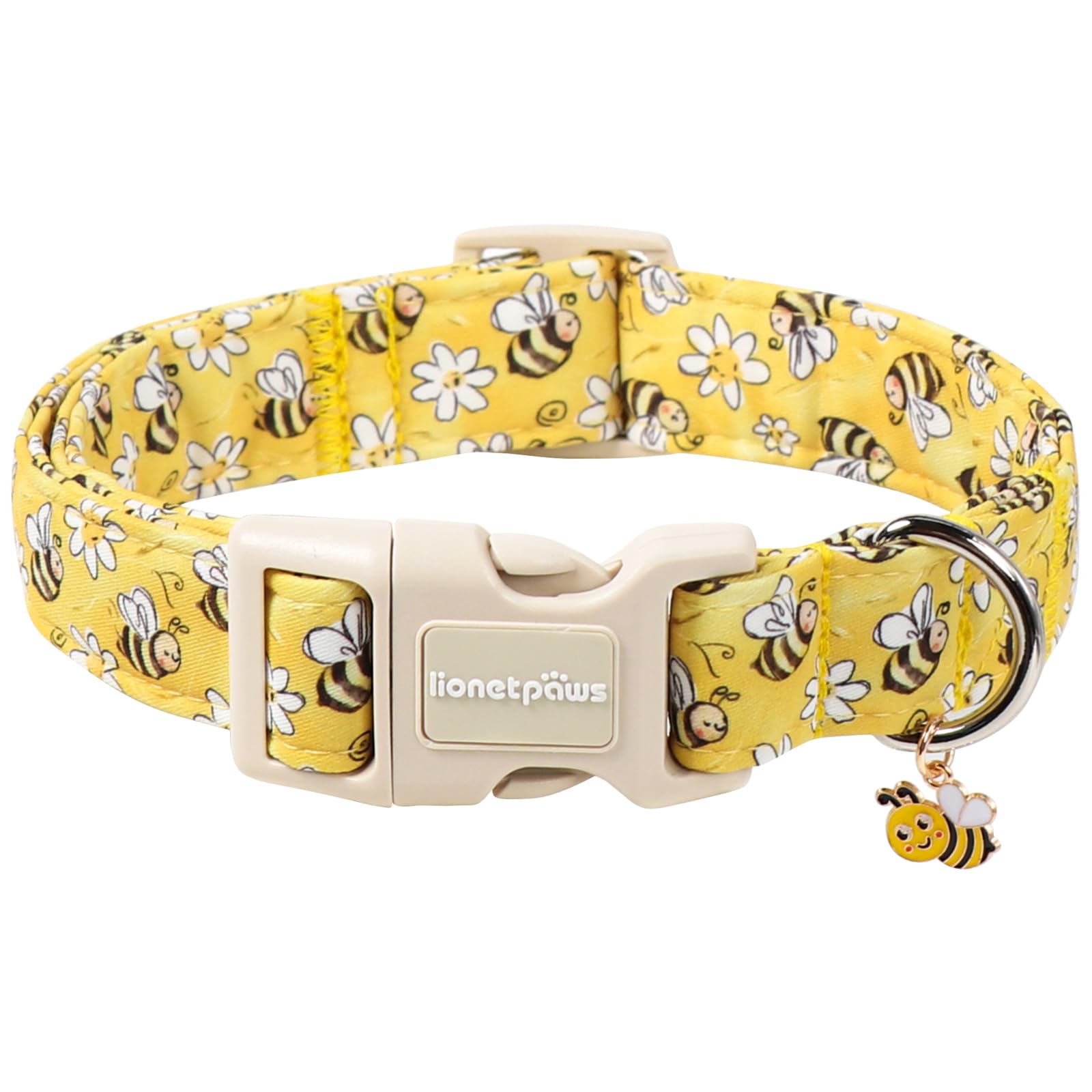 Lionet Paws Spring Dog Collar- Cute Bees Yellow Dogs Collar with Plastic Buckle and Bee Pendant,Dog Collar for Medium Large Dogs
