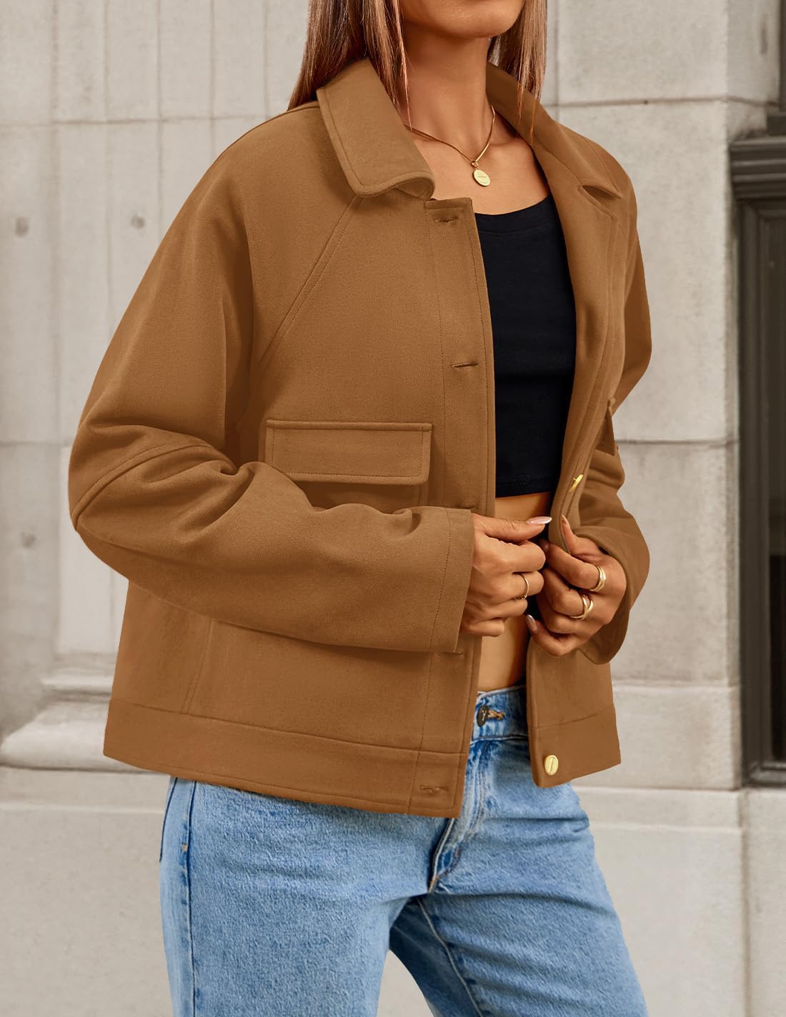 ZESICA Womens 2026 Spring Faux Suede Cropped Jackets Coats Casual Button Down Barn Vintage Trendy Shackets - Image 4