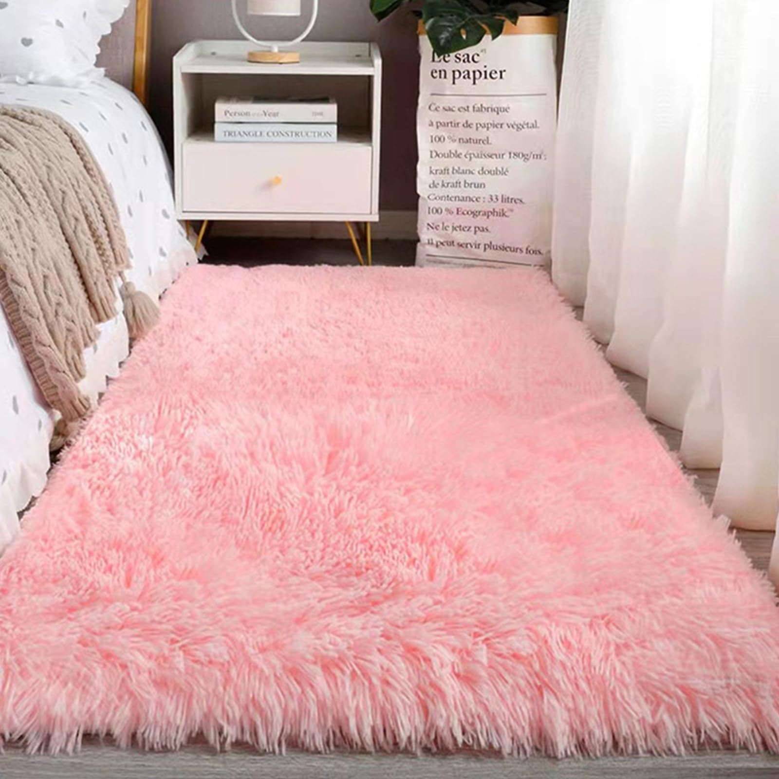 Tapis moderne en peluche rose 180x250 cm lavable et antidérapant pour chambre d'enfant