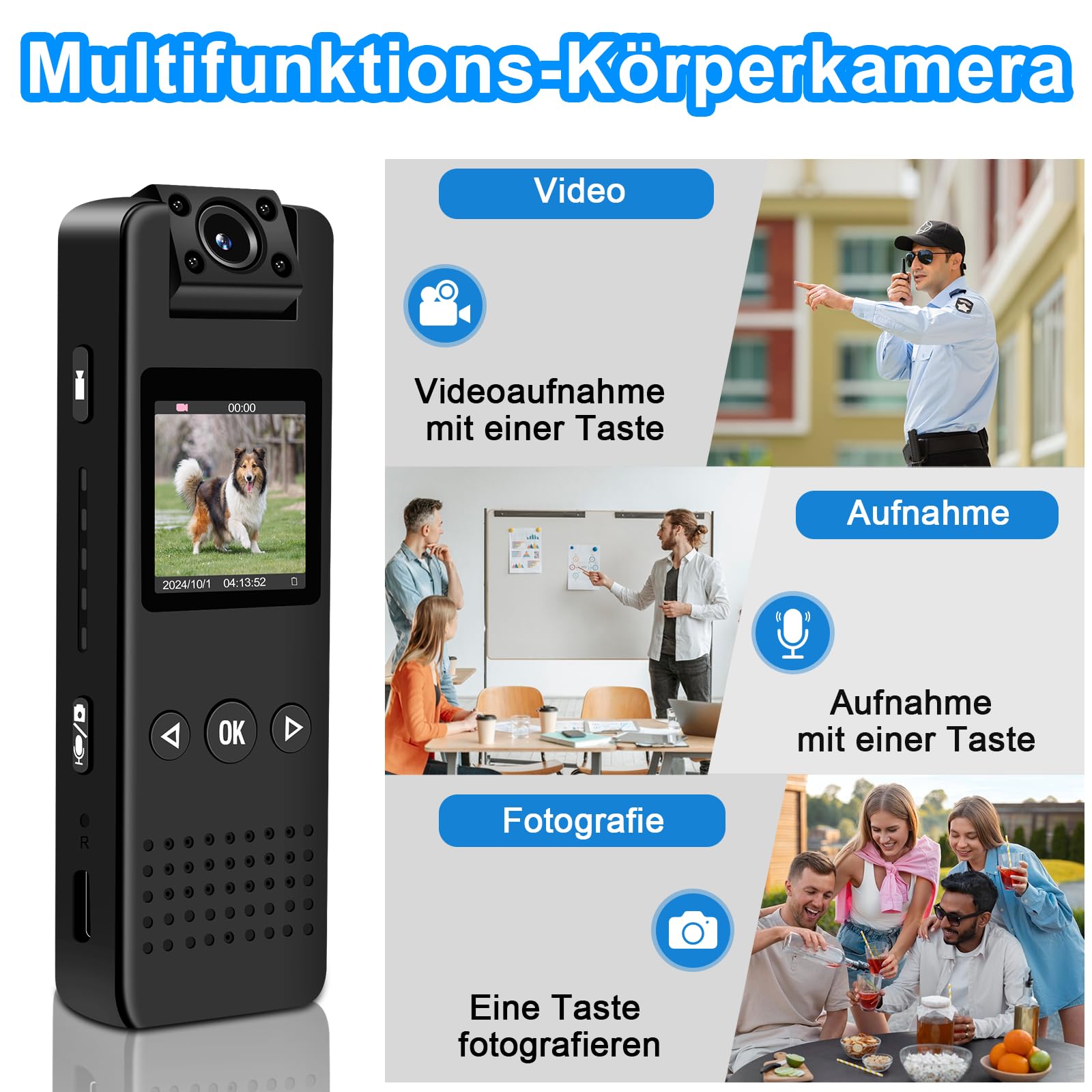 Bodycam Mit 180° Drehbarem Objektiv – 1080P HD, 120° Weitwinkel, Nachtsicht, Bewegungserkennung, 9h Audio, Inkl. 1/4" Halterung Für Fahrrad