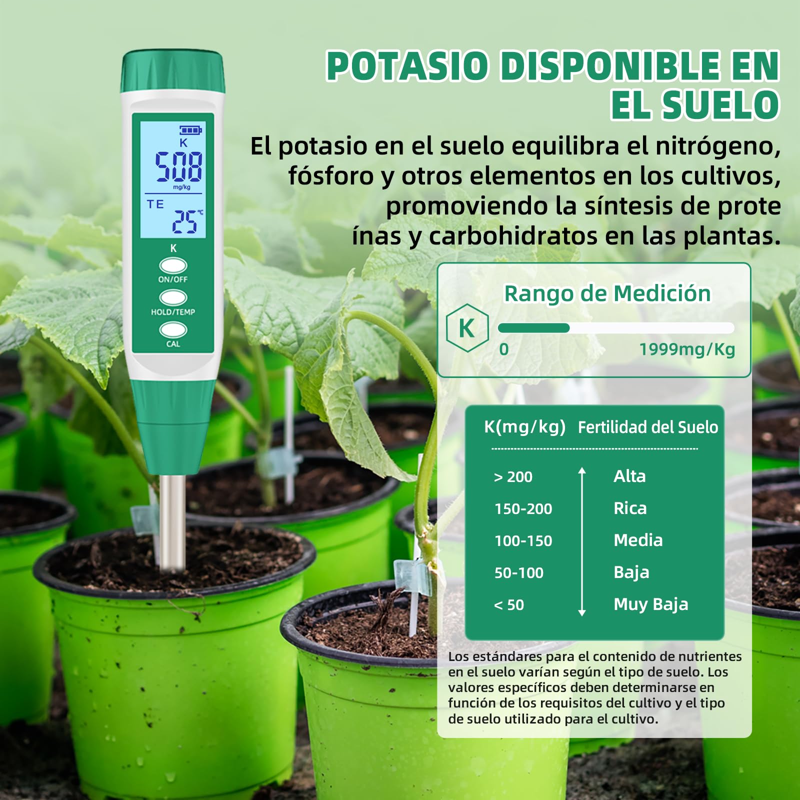 Digitales Potassium Bodentester für Gärtner, Potassium Messgerät Erde für Outdoor/Indoor, Pflanzenerde, Garten, Bauernhof, Rasen, Gemüsegarten, Hydroponik