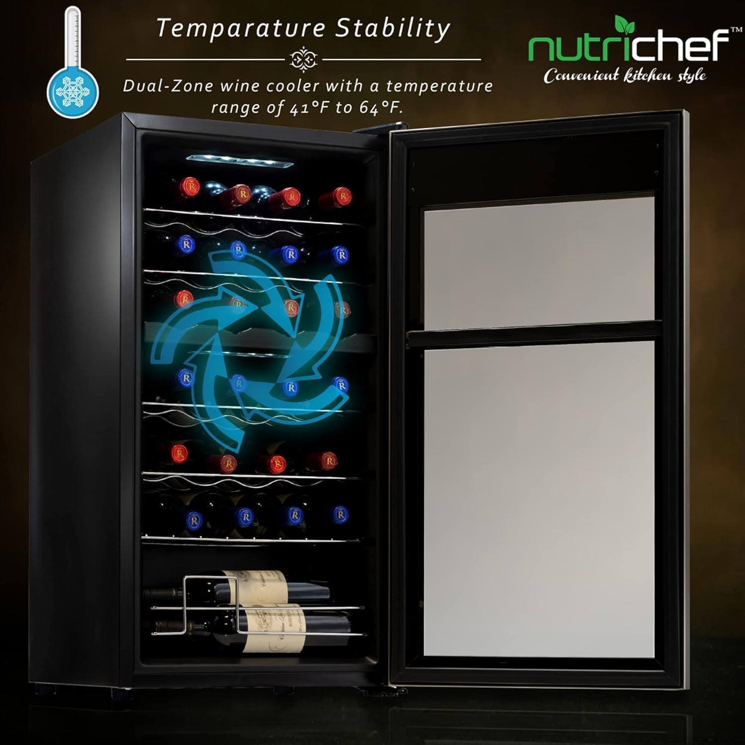 Nutrichef 28 Bottle Wine Fridge - Dual Zone Wine Chiller, Adjustable Temperature 41°F to 64°F, Ultra Quiet Operation, Free Standing Wine Cooler For Home, & Office, 33 x 11 x 26 IN (Black)