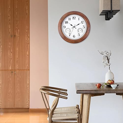 Miniatura 7 de Reloj de pared de madera de 13.5 pulgadas con temperatura y humedad, relojes de pared de madera retro, movimiento de barrido grande, reloj de pared