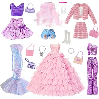 Pink Doll Clothes for 11.5 Inch Dolls Compatible with Barbie Princess Dress Chunky Knitted Set Stage Dress Neck Petal Set Mermaid Dress Ballet Set 10 Accessories for Girls