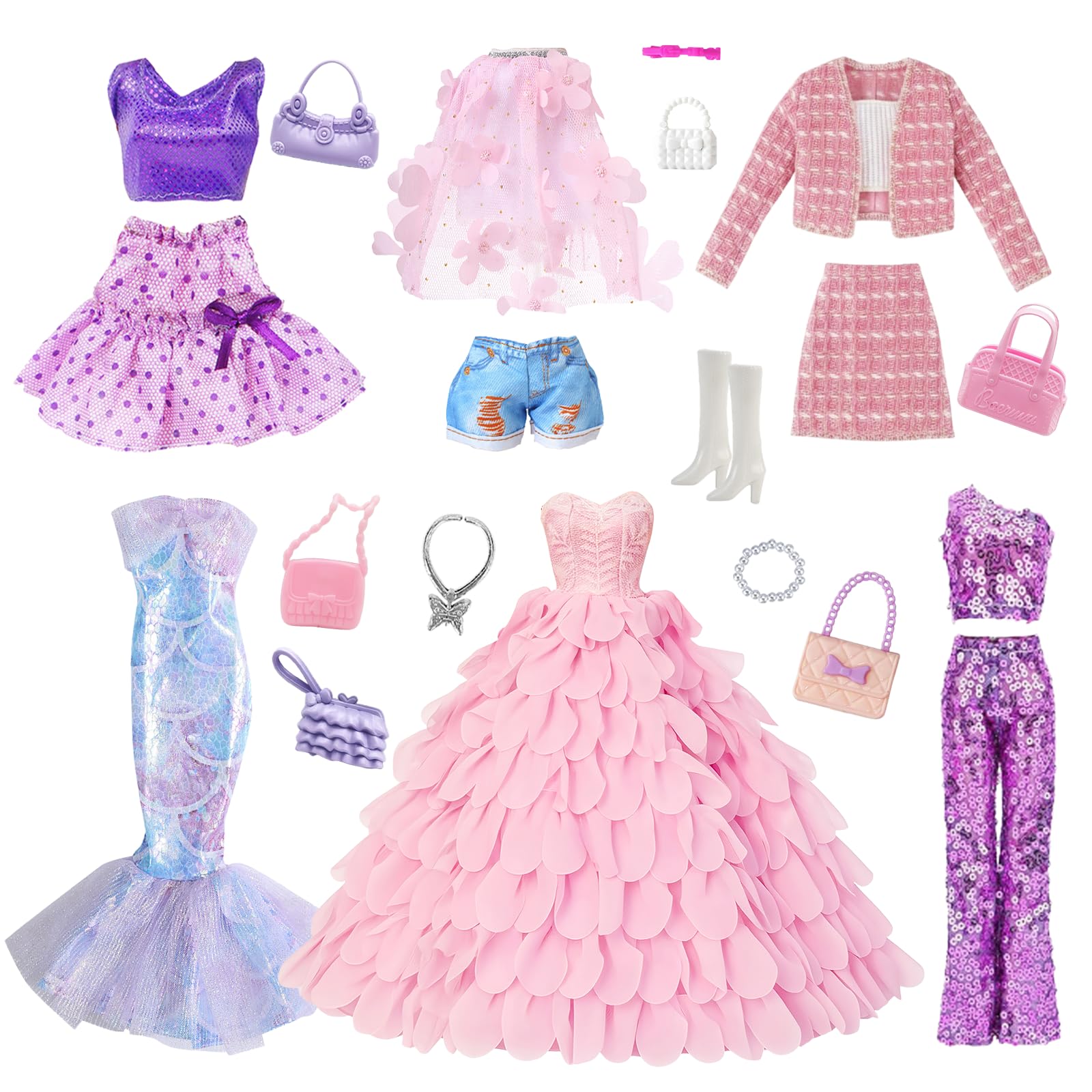 21 vestiti per bambole per bambole da 21,5 cm, compatibili con Barbie senza spalline da principessa, set in maglia grossa, set da palcoscenico, collo, petali, abito da sirena, colorato, set da 10