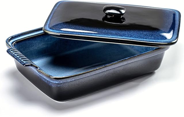 Ceramic Baking Dishes, Rectangular Casserole Dish with Lid - 2.6L, Serving Oven Dish with Handles for Lasagne, Cooking Dishes for Oven - Reactive Glaze - Blue