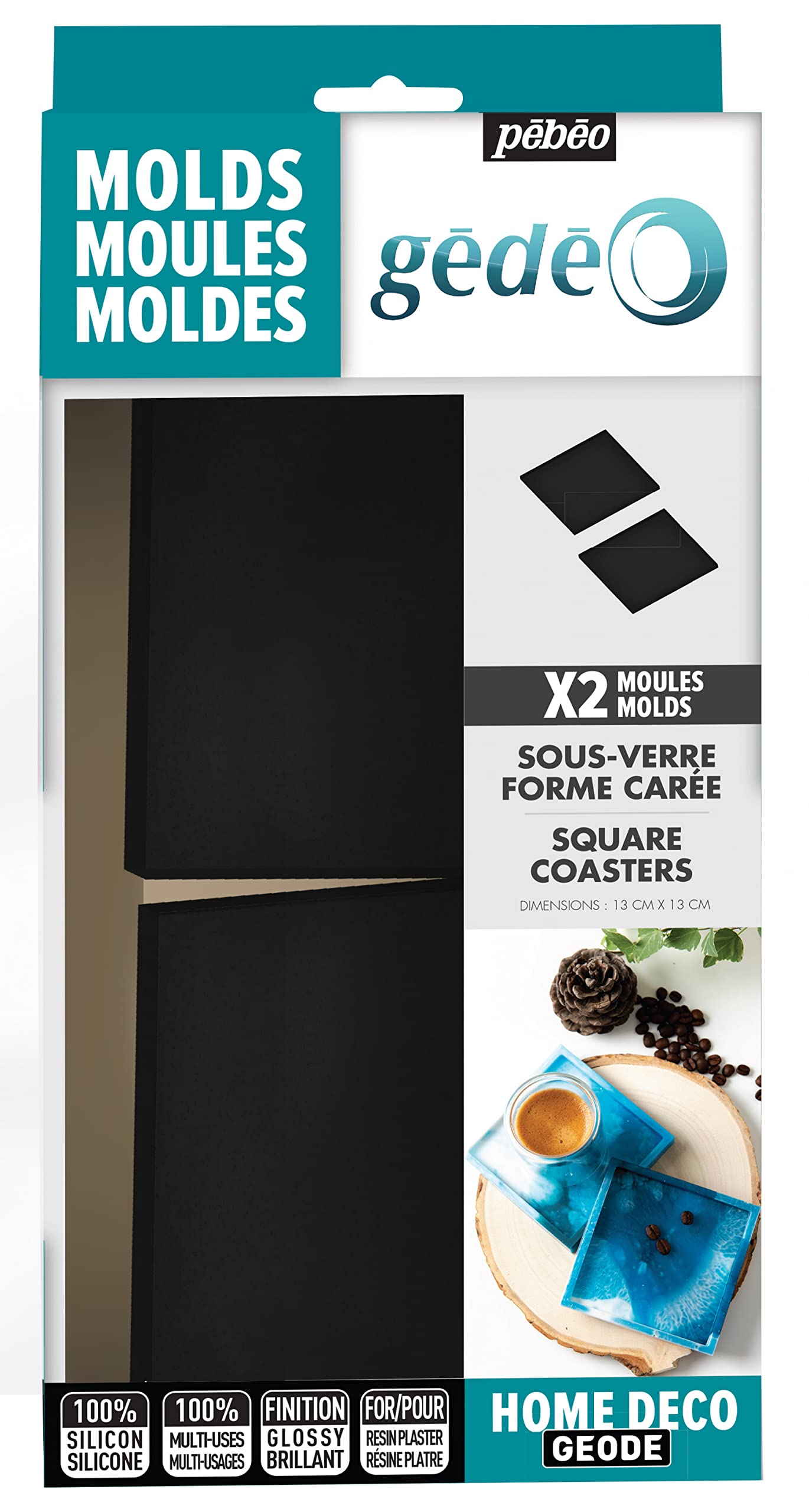 Pebeo - Set of 2 Square Resin Silicone Moulds - Epoxy Resin Moulds for Coasters and Underglasses - Square Shape - 15 x 15cm