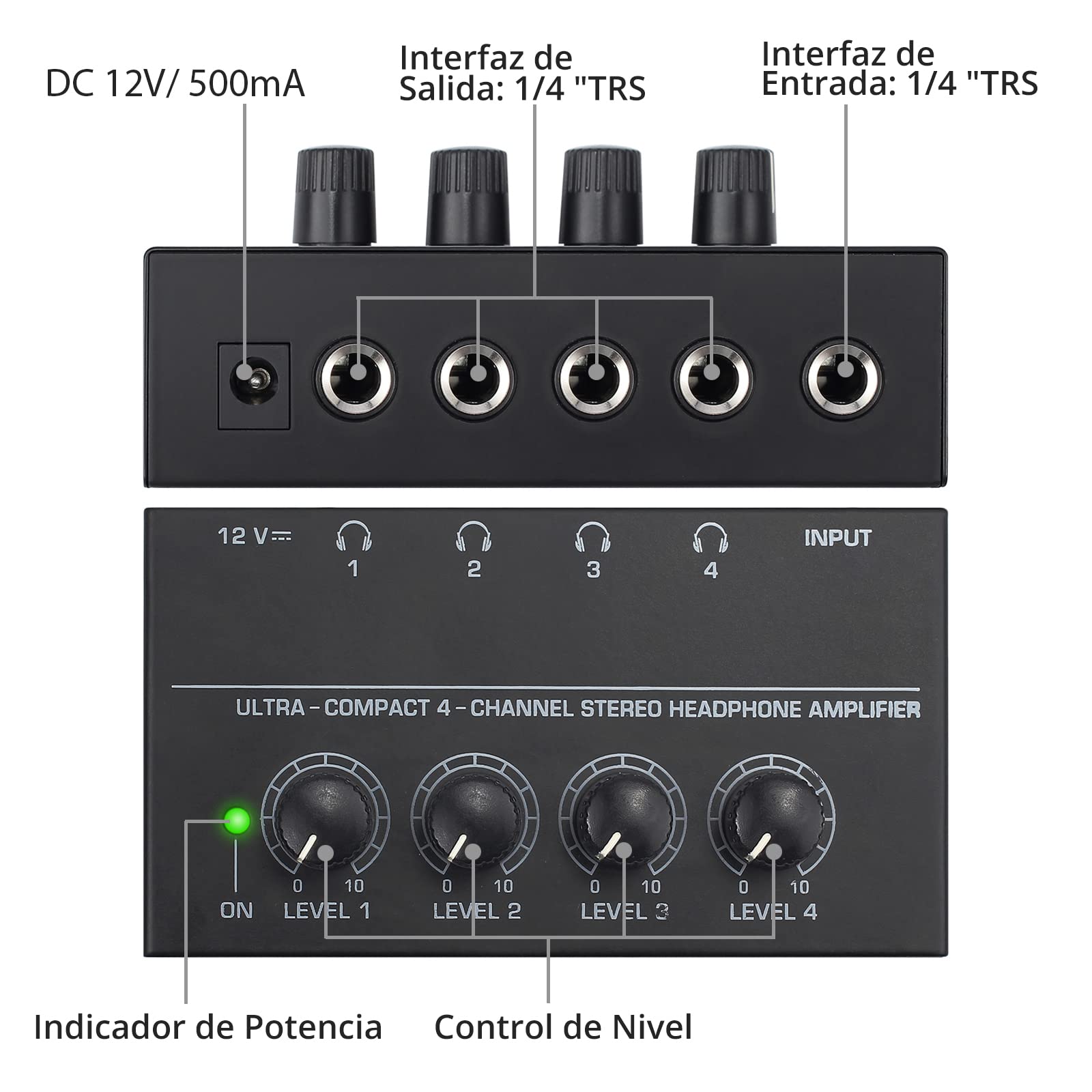 Neoteck Amplificador de Auriculares 4 Canales Ultra-Compacto Estéreo Auricular amp con 5 Piezas de Adaptador 6.35mm (1/4 Inch) a 3.5mm (1/8 Inch) y Adaptador de Energía
