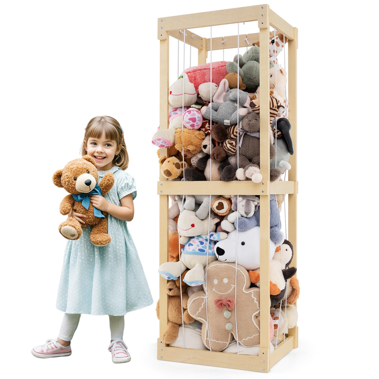 Costzon Extra Large Stuffed Animal Storage, Wooden Stuff Animal Organizer with Elastic Cords, Space-saving Toy Storage Organizer for Plush Toys, Stuffed Animal Holder for Kids Room, Playroom, Nursery