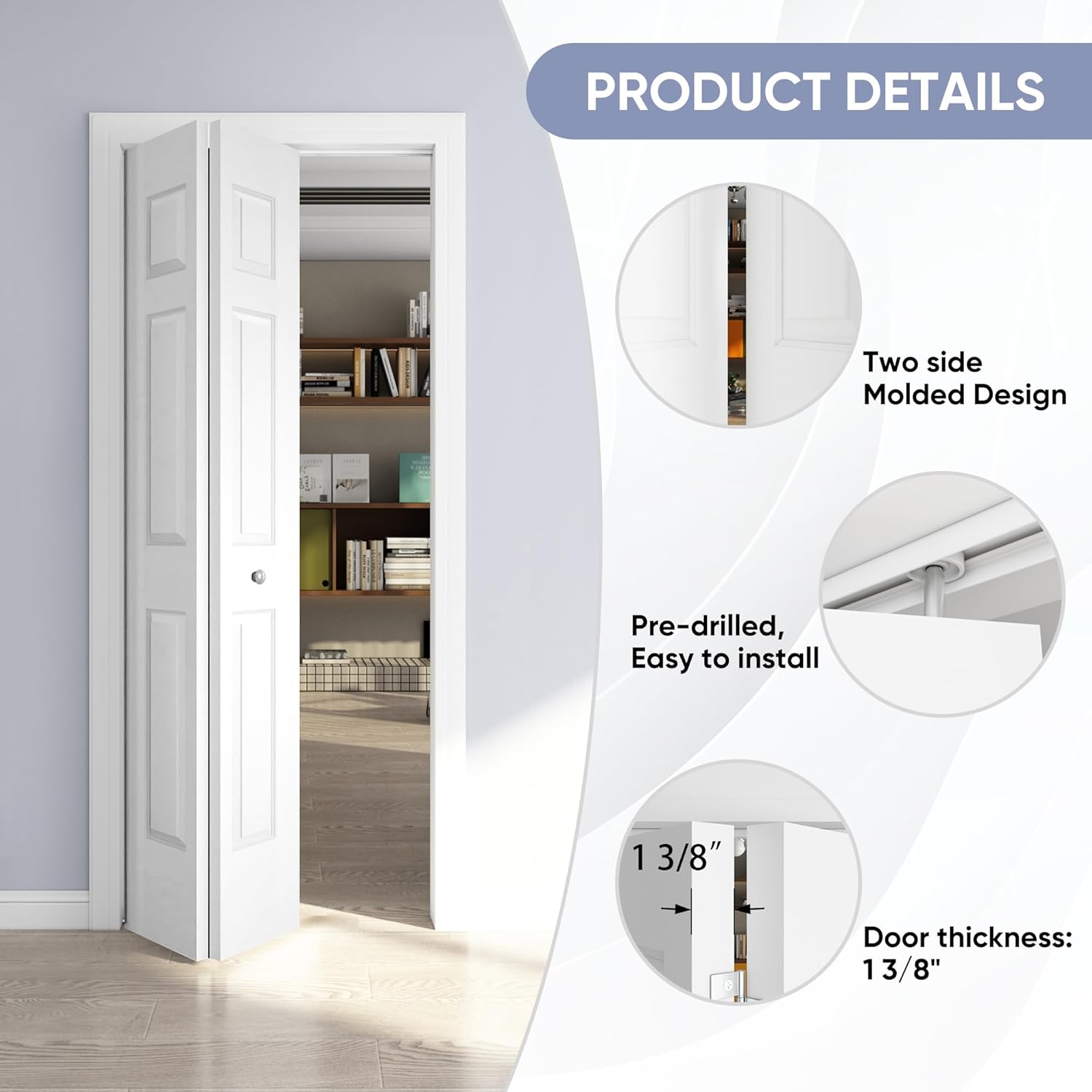 jubest 36in. x 80in. bifold door, 6 panel primed bifold interior doors, hollow core bi fold closet door with hardware kit include, folding doors for laundry, pantry & bedroom