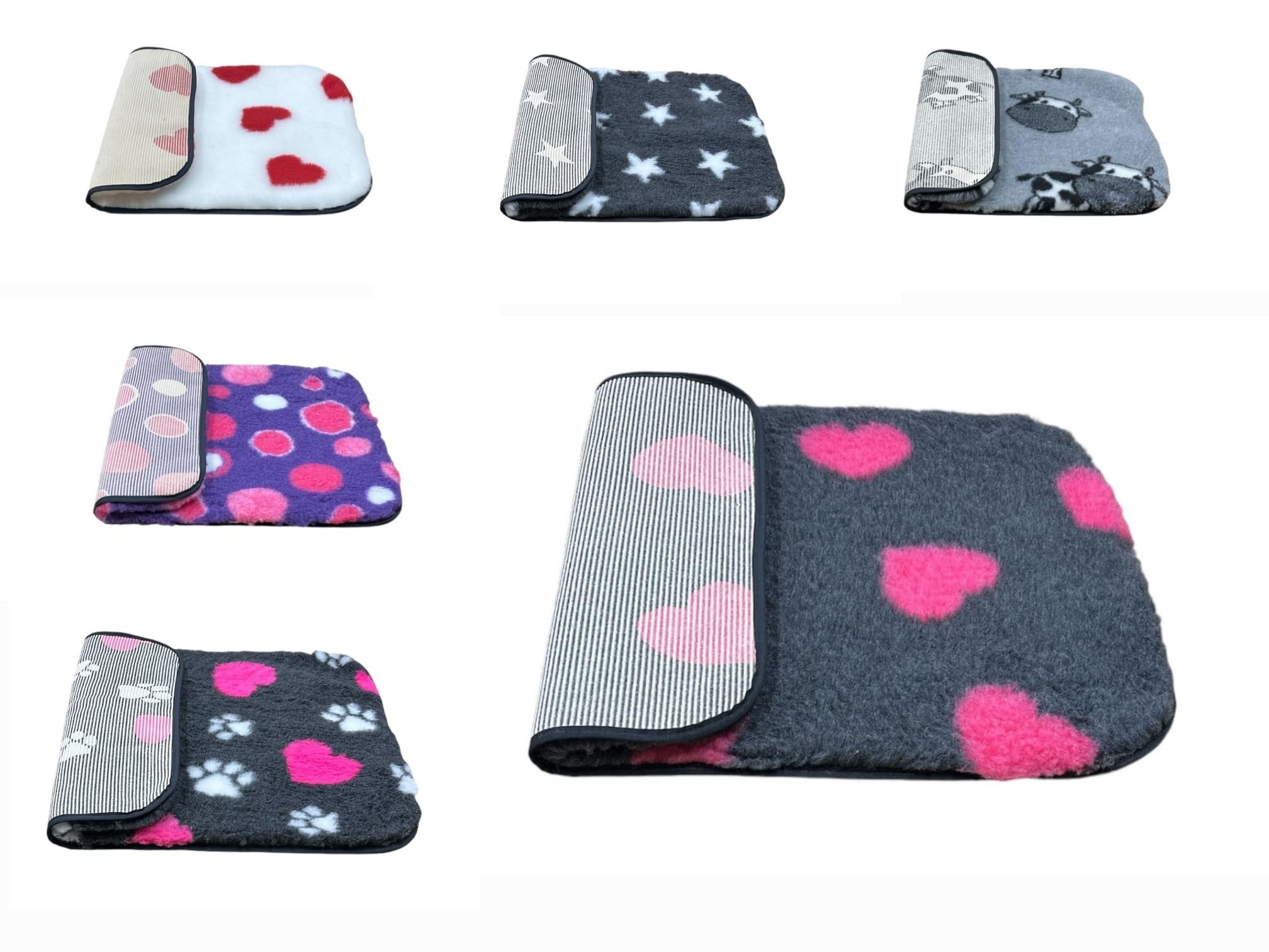 PnH Veterinary Bedding® NON SLIP Classic Range, Vet Bedding, Bound Edges For Strength - Dog Bed Fleece in Many Colours & Sizes (Charcoal with Cerise Hearts, 100cm x 75cm)