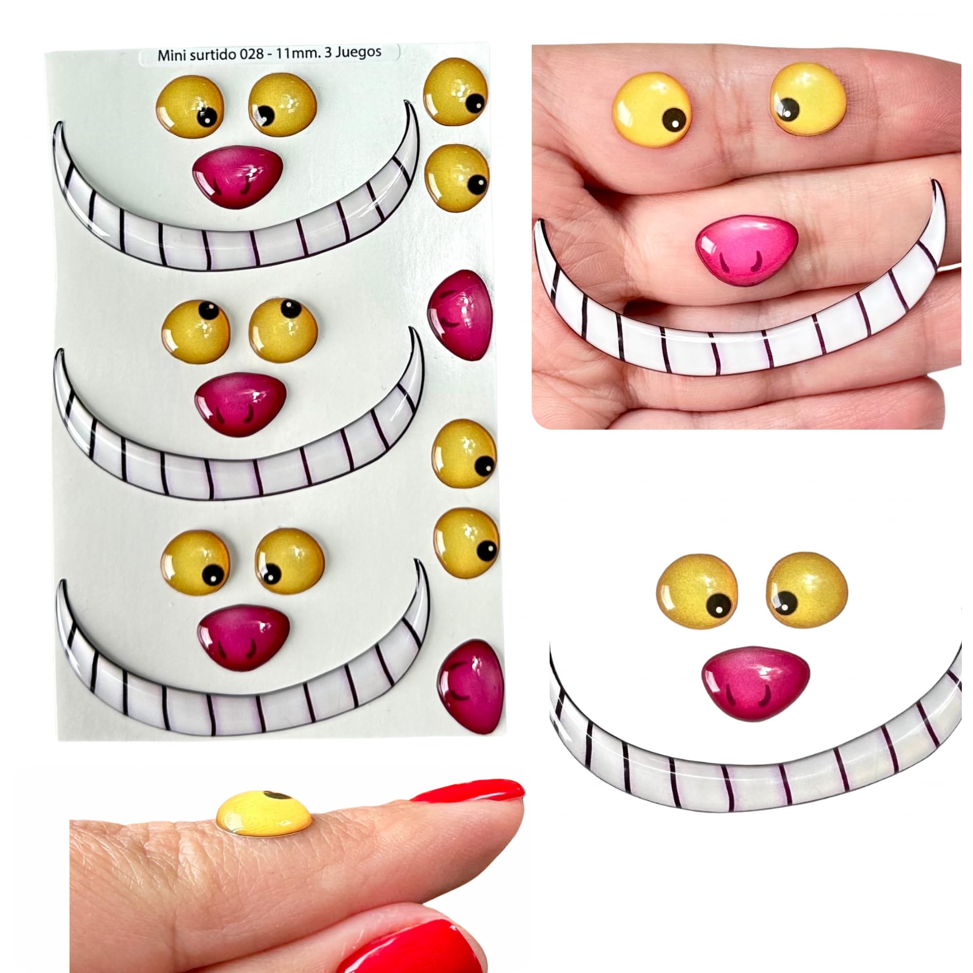 MS28-11: Whimsical Cat Smile 3D Resin Eyes, Nose & Mouth Set (18 Pcs/3 Sets, 11mm) – Yellow Eyes, Pink Nose – Self-Adhesive for Crafts, Clay, Porcelain, Sculptures, Amigurumi, Scrapbooking & DIY Fun