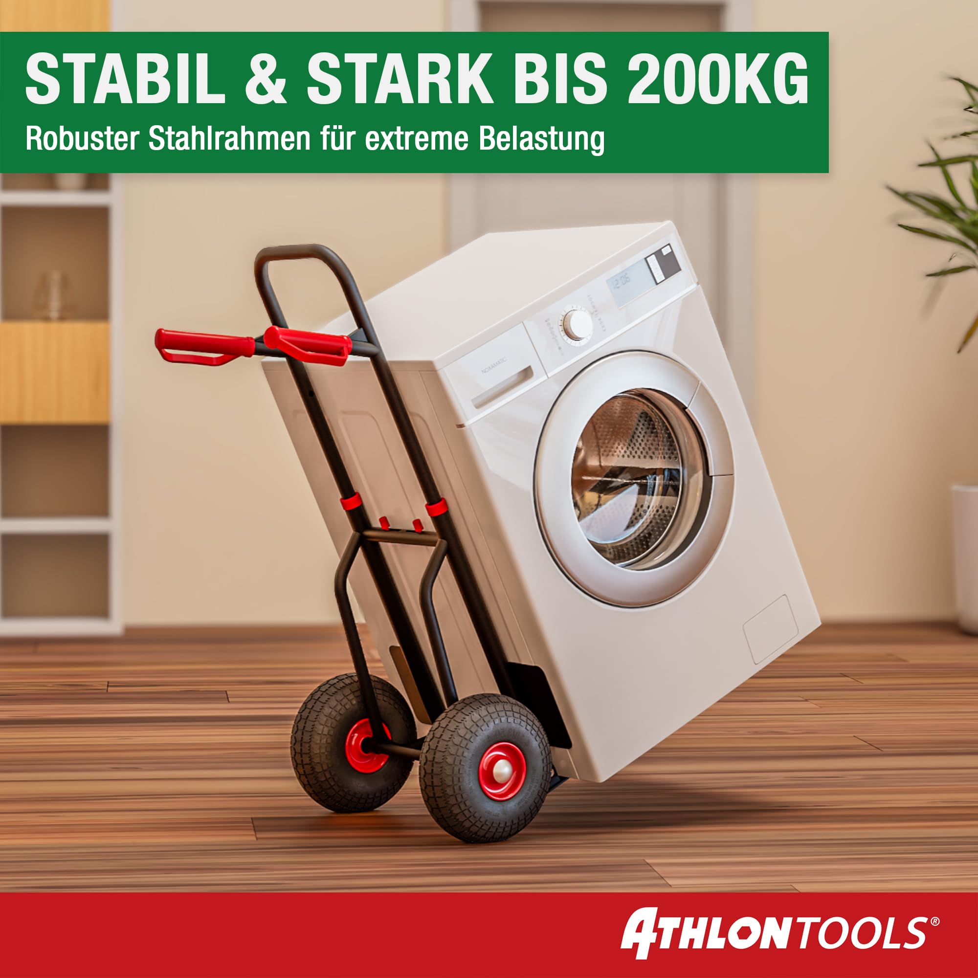ATHLON TOOLS Schwerlast Sackkarre Vollgummireifen 200kg – Stahlrahmen mit luftgefüllten Reifen, große Räder leichtgängig & stoßarm, platzsparend zusammenklappbar