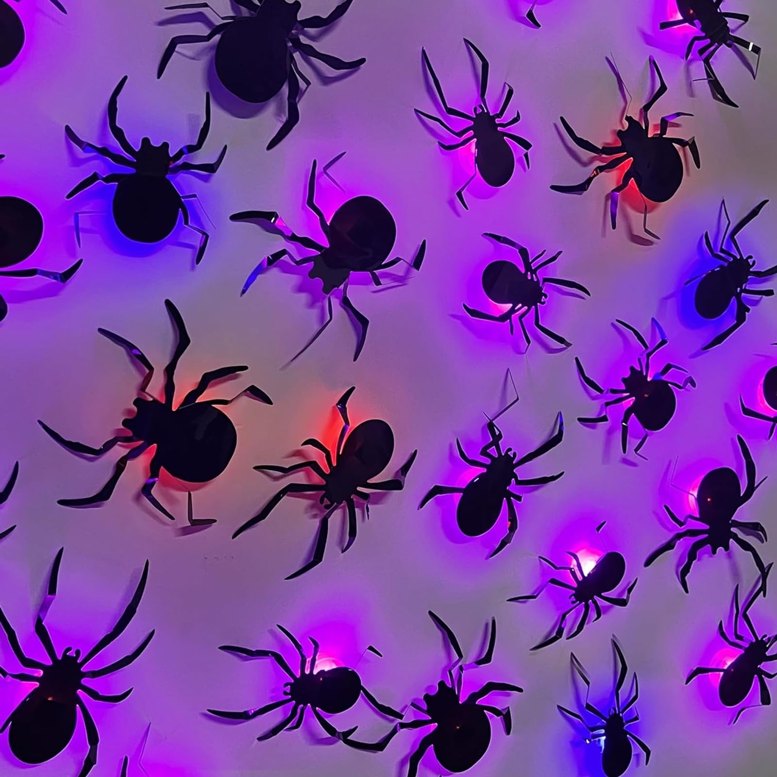 ALEGRE Dekoracja na Halloween, 10 sztuk, pająki 3D, dekoracja LED, świecące pająki, naklejki ścienne w 4 różnych rozmiarach, dekoracja LED na okno, drzwi, ścianę