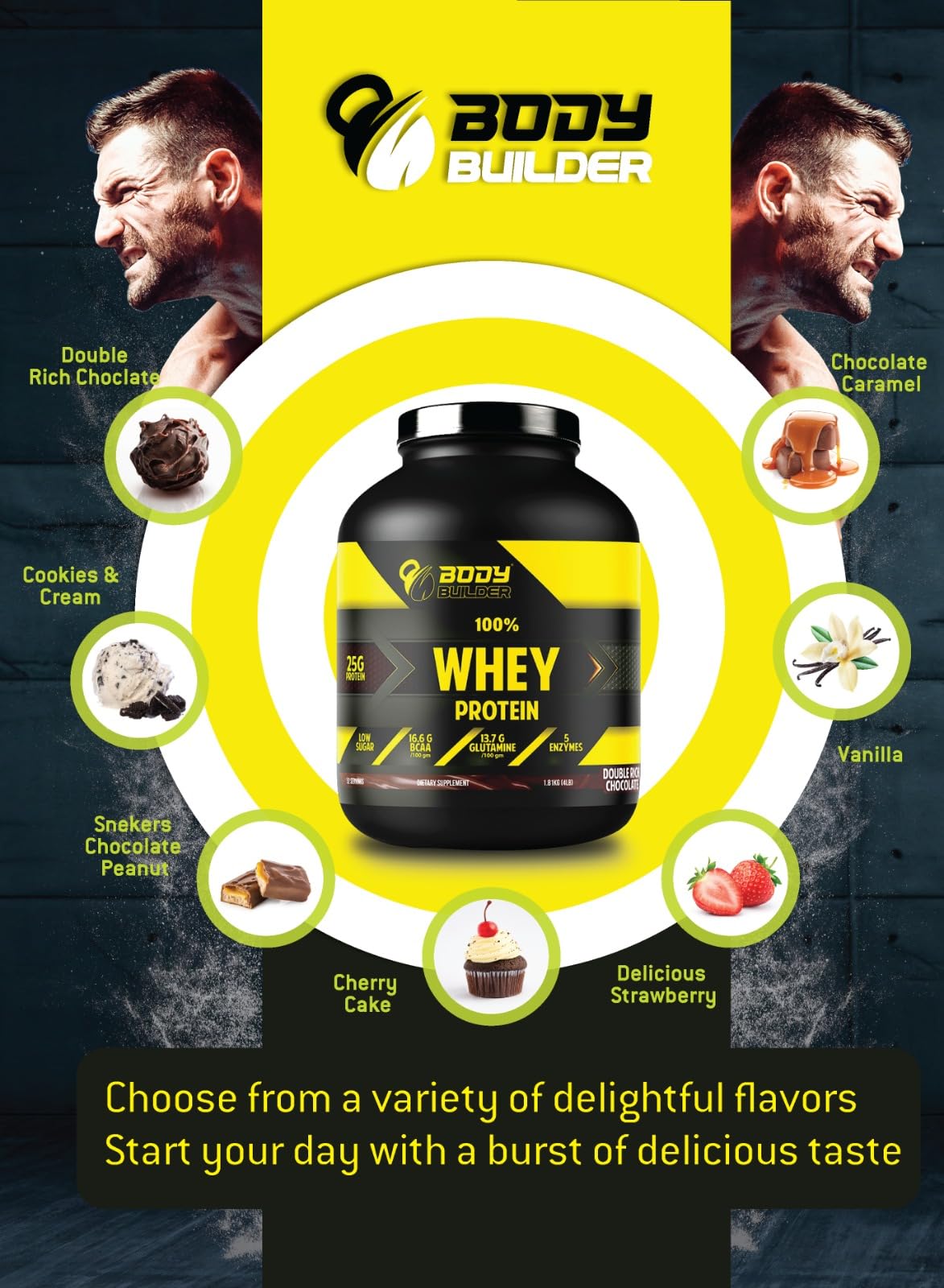 Body Builder 100% Whey Protein – 25 g de protéines, BCAA, glutamine, enzymes digestives pour le développement musculaire maigre et l’endurance (2 lb, 907 g) (Chocolat au lait)