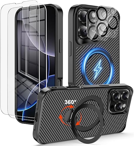 Funda para iPhone 16 Pro Max con soporte magnético de 360 compatible con MagSafe, funda protectora de fibra de carbono + 2 protectores de pantalla
