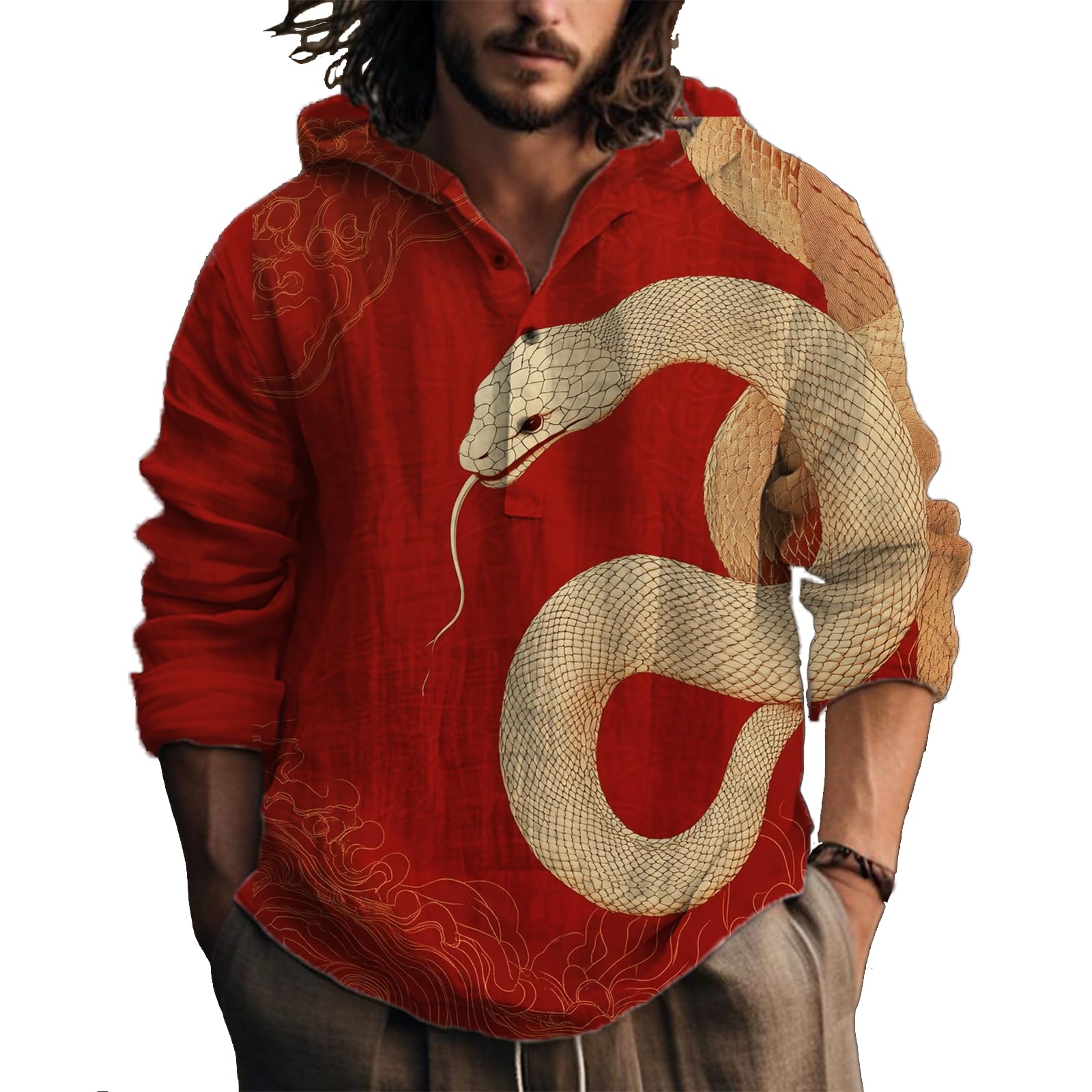 MARSVOVO Hooded Long Sleeve Shirt Men Fashion Graphic Button Up Lightweight Big and Tall Casual Vacation Shirts for