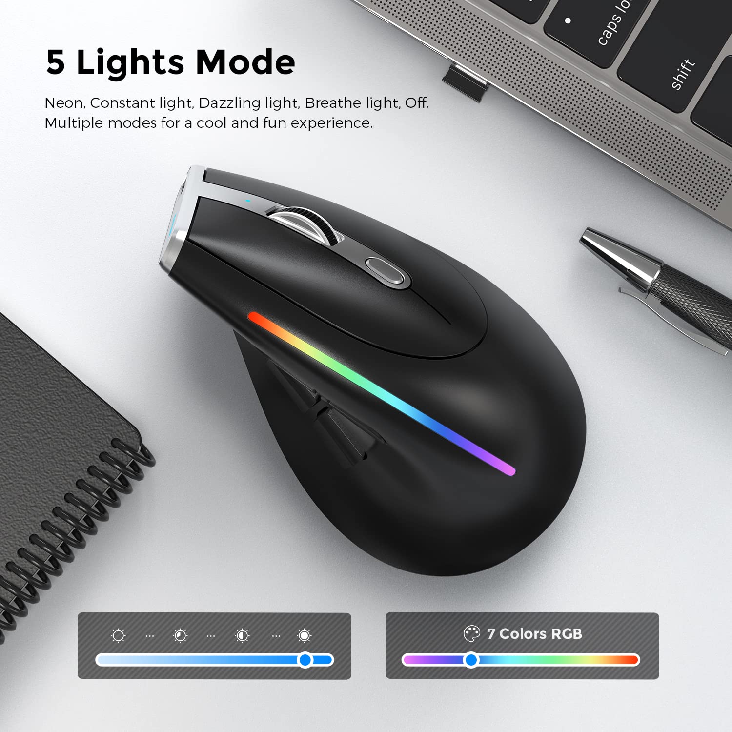 ECHTPower Vertikale kabellose Maus mit 3 Modi (Bluetooth 5.0/3.0 + 2.4 G mit Empfänger), 2400 DPI verstellbar, RGB-LED, 7 programmierbare Tasten für Laptop, MacBook, PC, Windows, Android