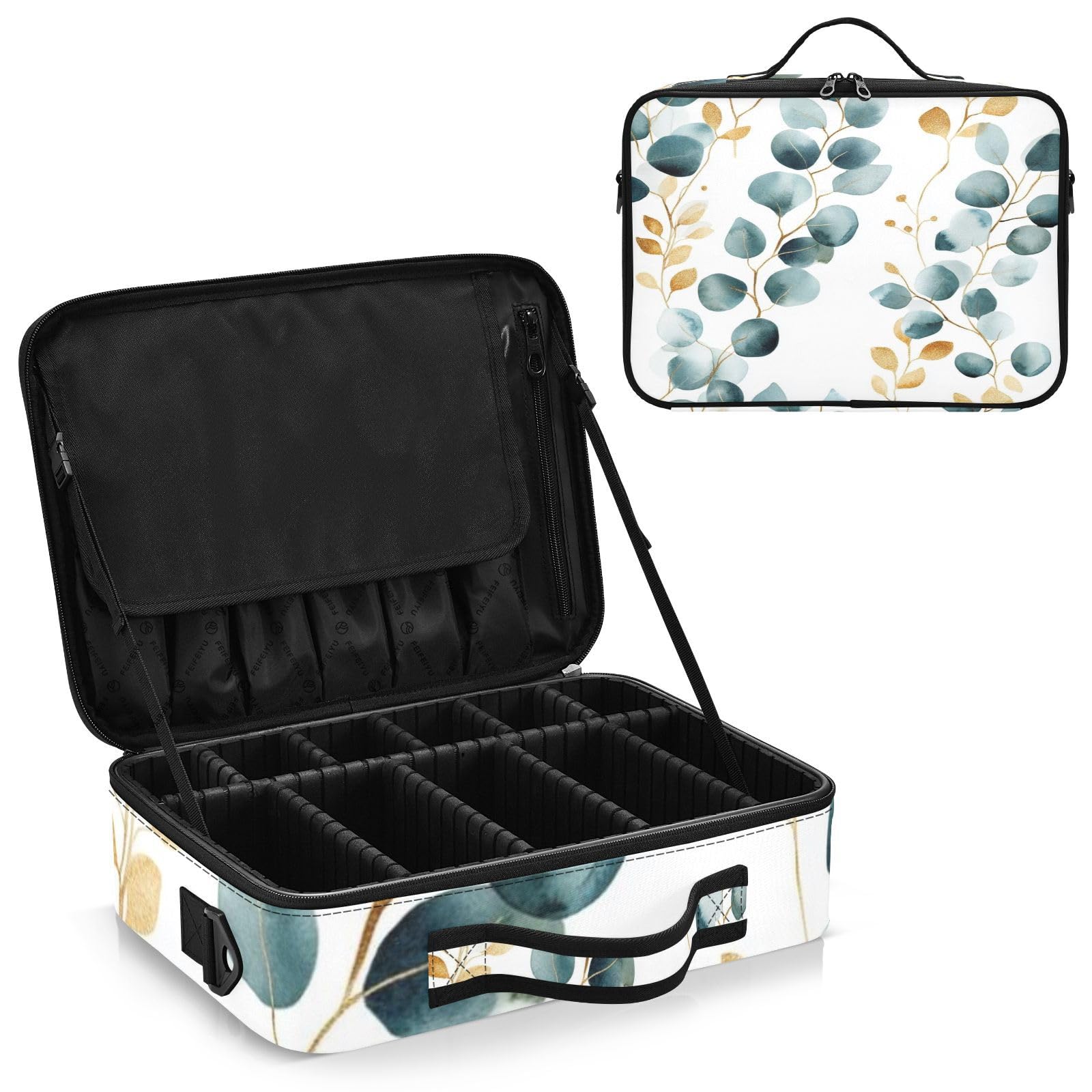 zyrtty Travel Makeup Train Case Botanical Eucalyptus Leaves Gold Blue Green Cosmetic Organizer Portable Storage Bag with Adjustable Dividers for Cosmetics Brushes Toiletry Jewelry Digital Accessories