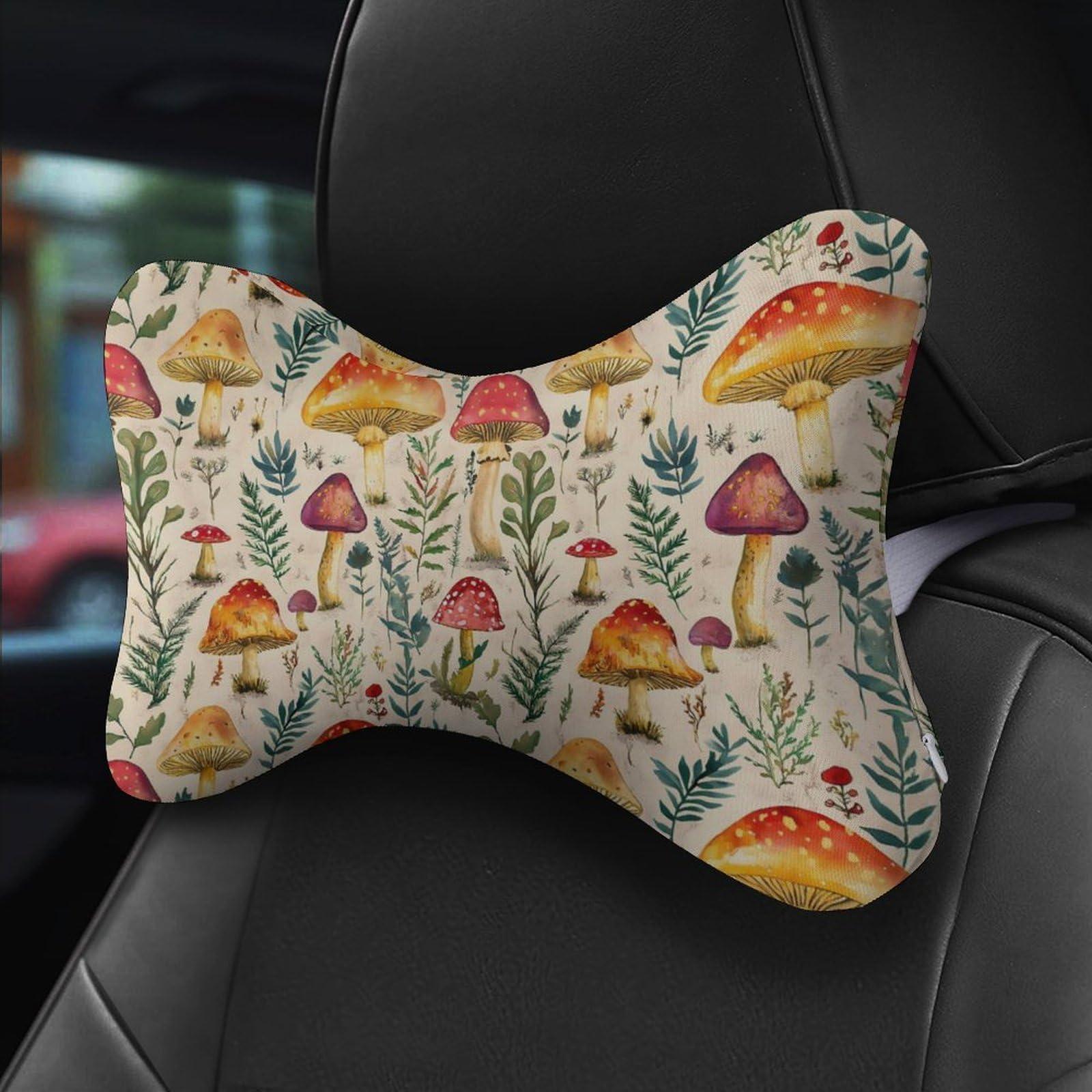 SMAZDFXX Mushroom Car Neck Pillow Set of 2 Car Seat Head Support Cushion Bone Pillows with Elastic Strap