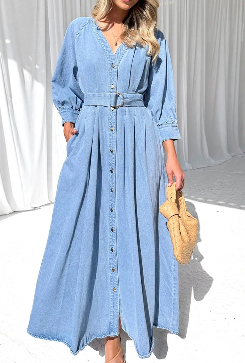 loveimgs Women 2025 Casual Button Down Denim Maxi Dress Pleated A Line Long Jean Shirt Dresses Belted Pockets - Image 6