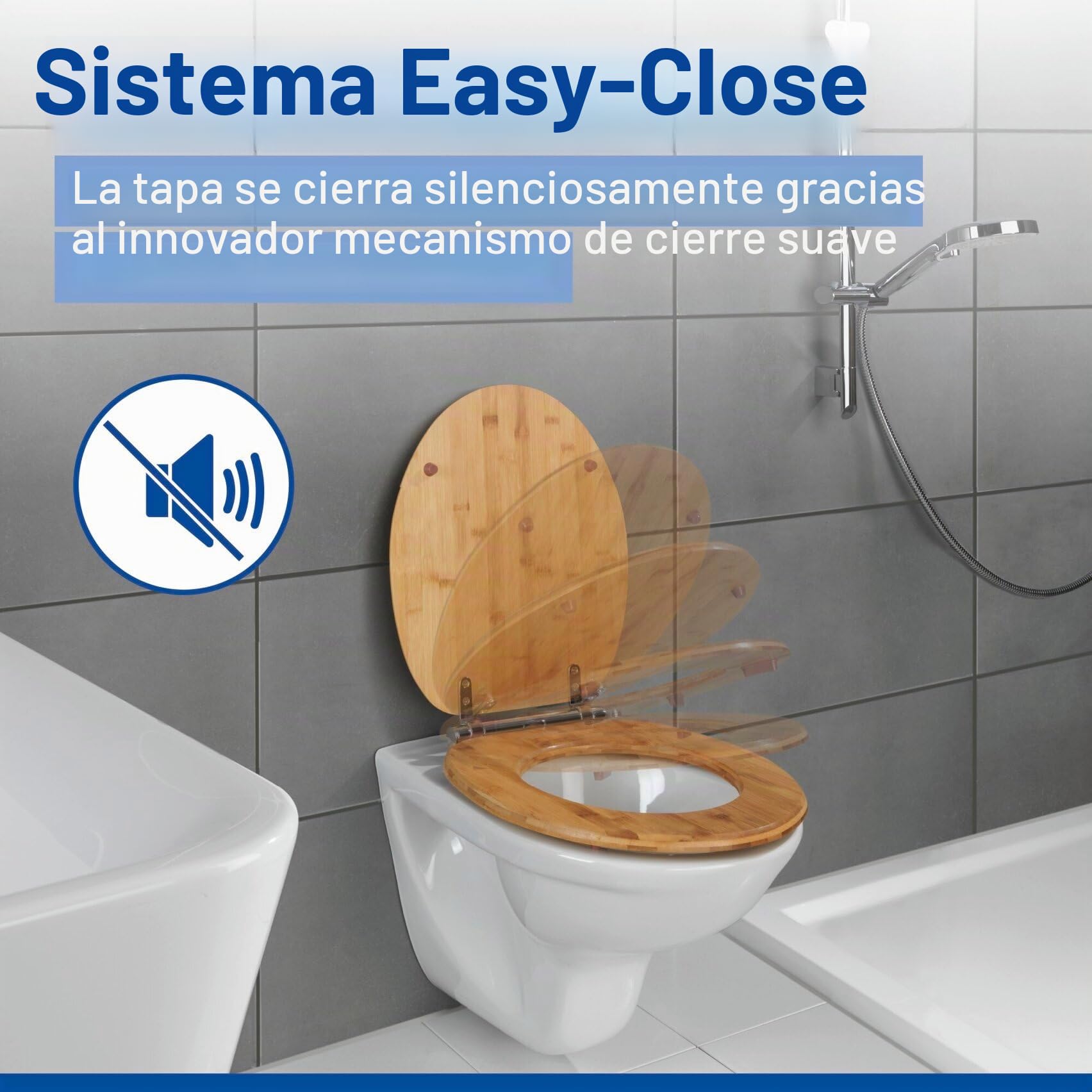 WENKO Asiento de WC Bambusa, asiento de inodoro de bambú con cierre suave y fijación higiénica Fix-Clip, multilacado y resistente a la humedad, (An. x P): 34,5 x 40,5 cm, natural