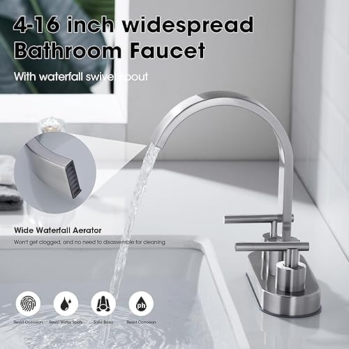 Miniatura 2 de Grifo de níquel cepillado con boquilla giratoria cuadrada de cascada para baño, 2 manijas de 4 pulgadas, con montaje de drenaje y líneas de