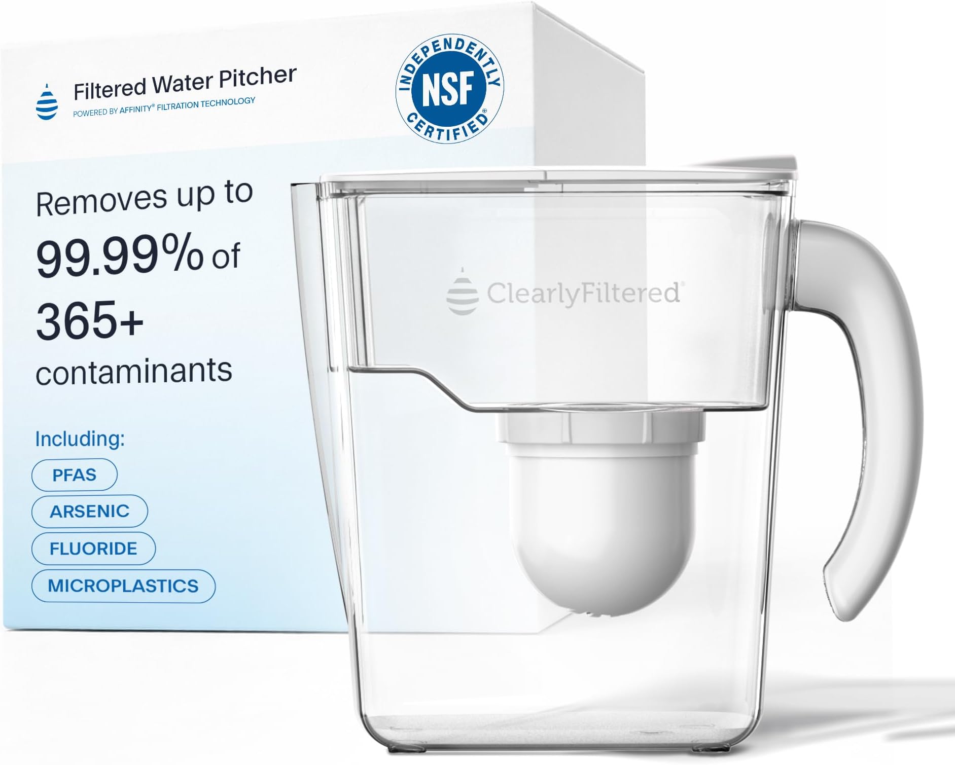 Clearly Filtered No.1 Filtered Water Pitcher/Updated Model/Targets 365+ Contaminants e.g. Fluoride Chlorine PFAS Microplastics Lead Arsenic BPA/BPS Free (Pitcher Includes 1 Filter)
